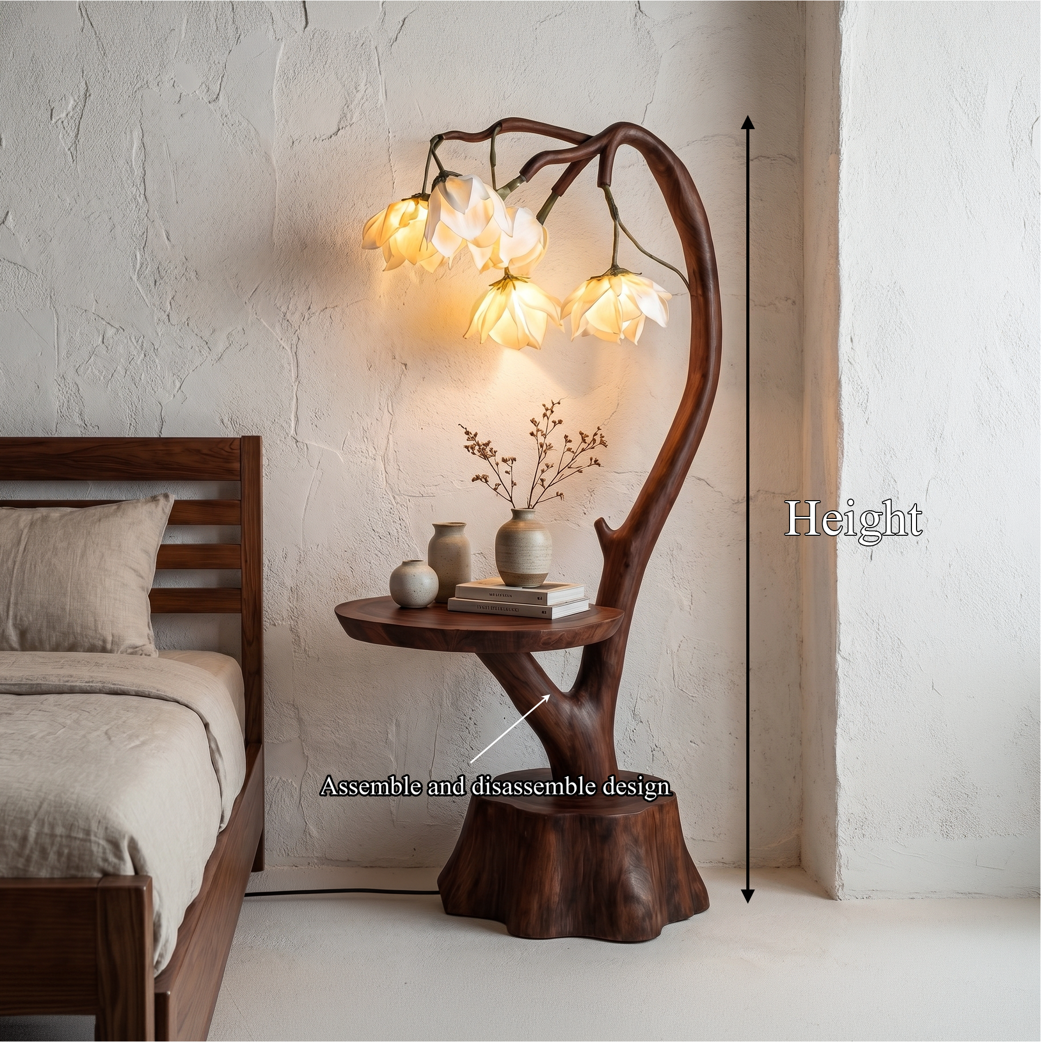 Sculptural Flower Floor Lamp With Handmade Wood Base For Living Room And Bedroom SINLSAFLP075
