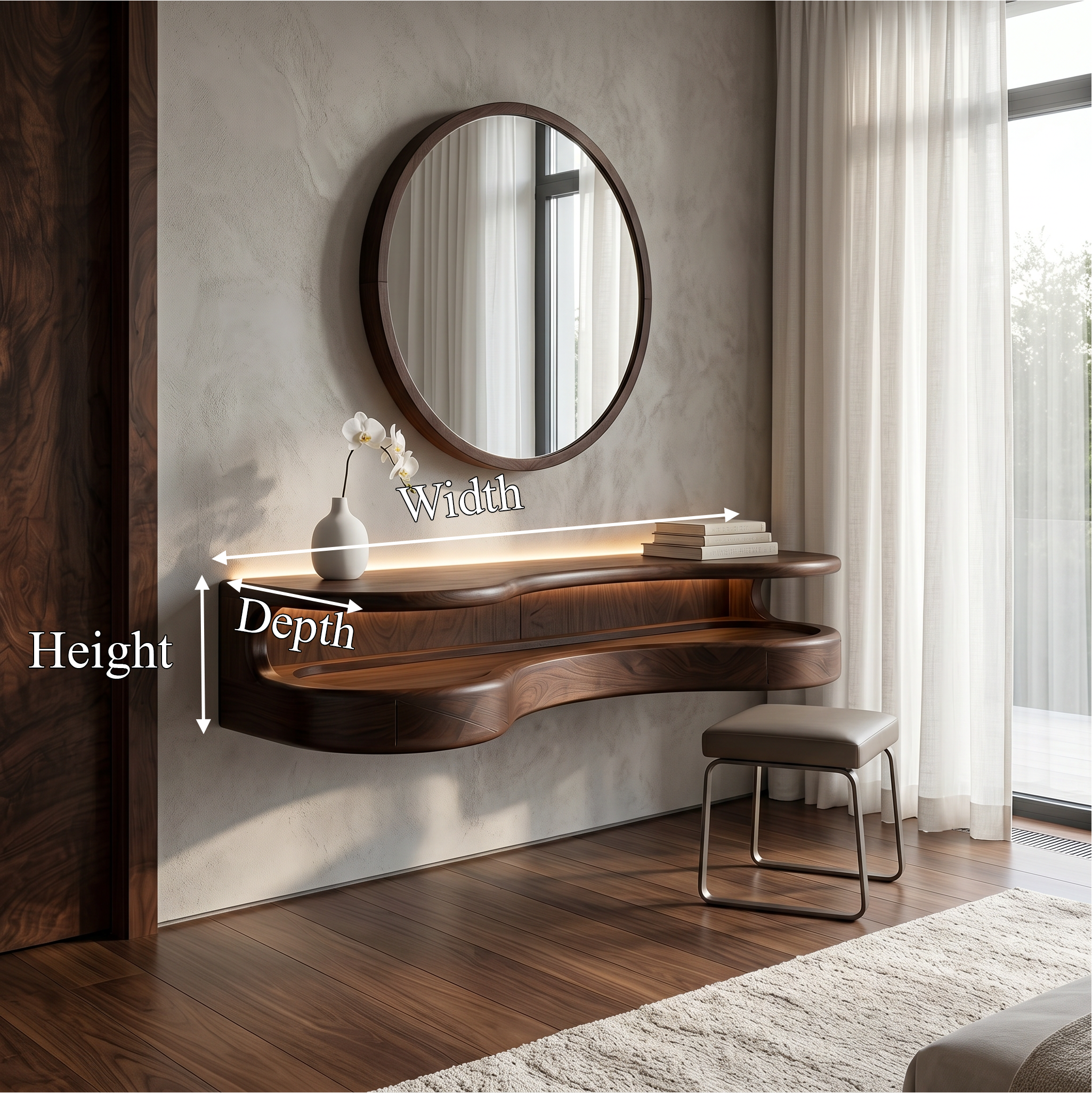 Organic Floating Vanity Desk With Rounded Wood Shelf For Bedroom SINLSABDT071