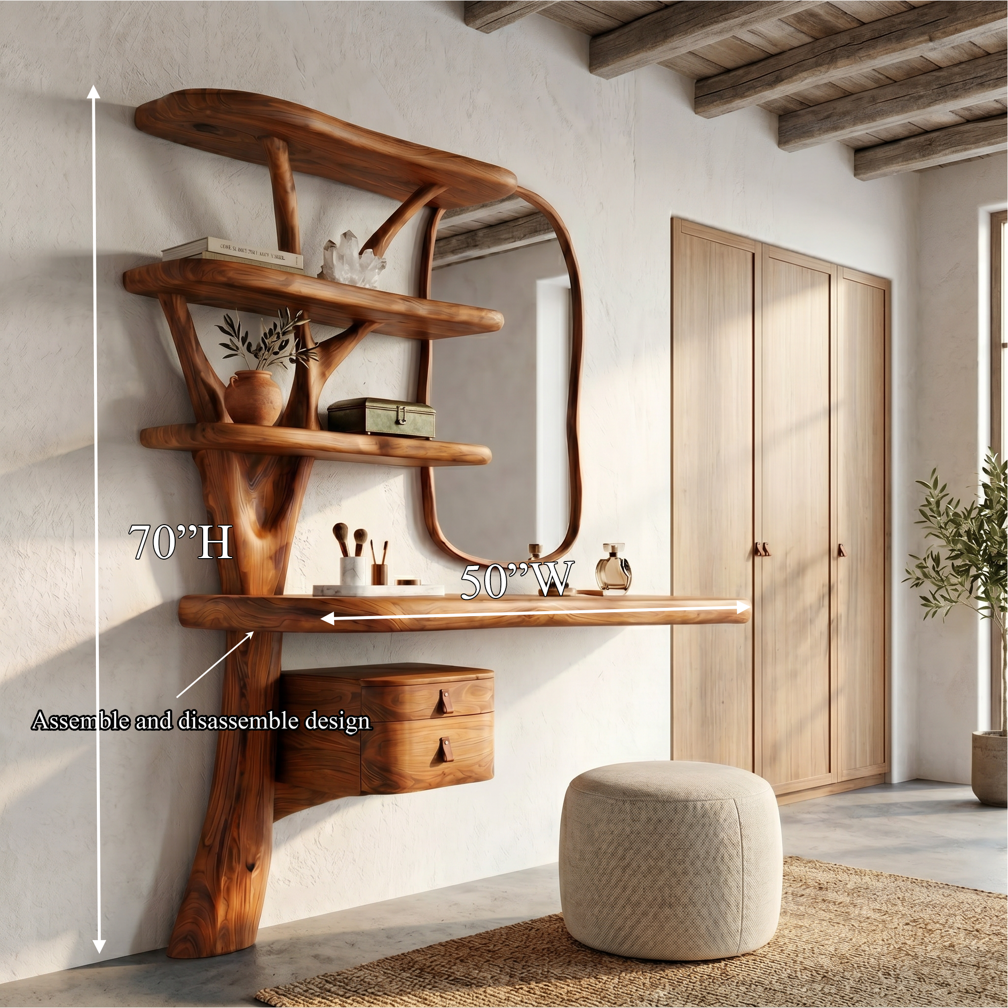 Sculptural Tree Vanity Desk With Curved Wood Shelves For Bedroom SINLSABDT075