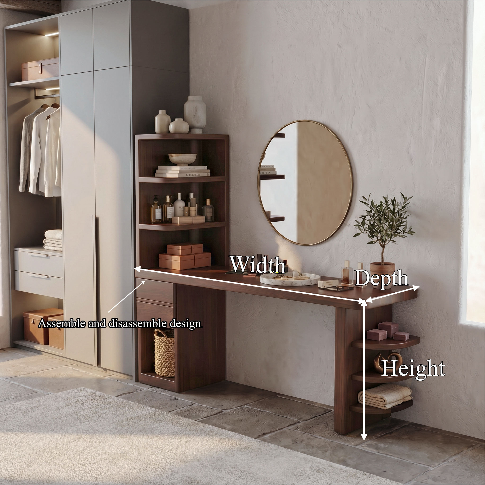 Contemporary Corner Makeup Vanity With Vertical Storage Shelves For Bedroom SINLSABDT076