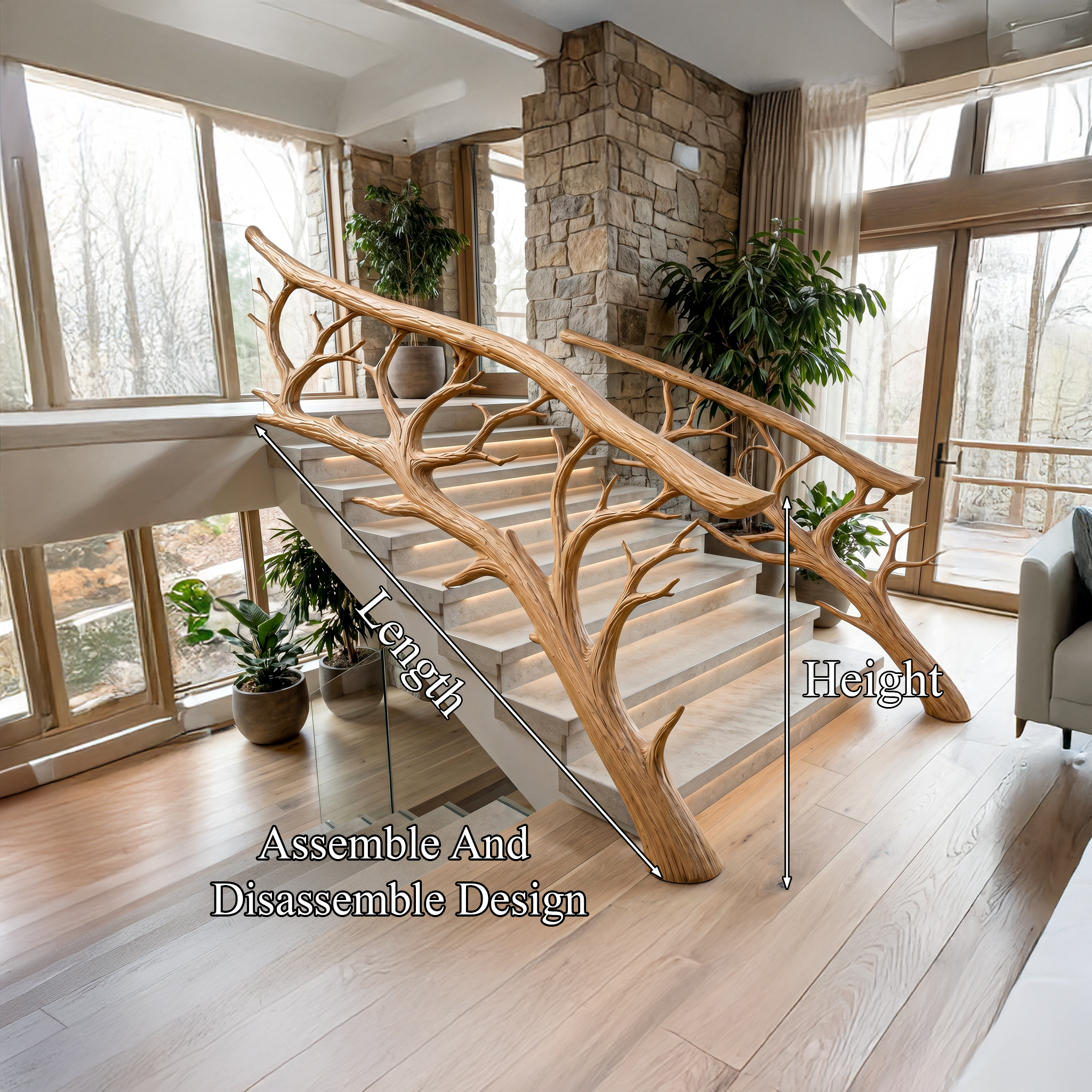 Rustic Tree Branch Stair Railing With Organic Wood Design For Interior Staircase SINLHAST013