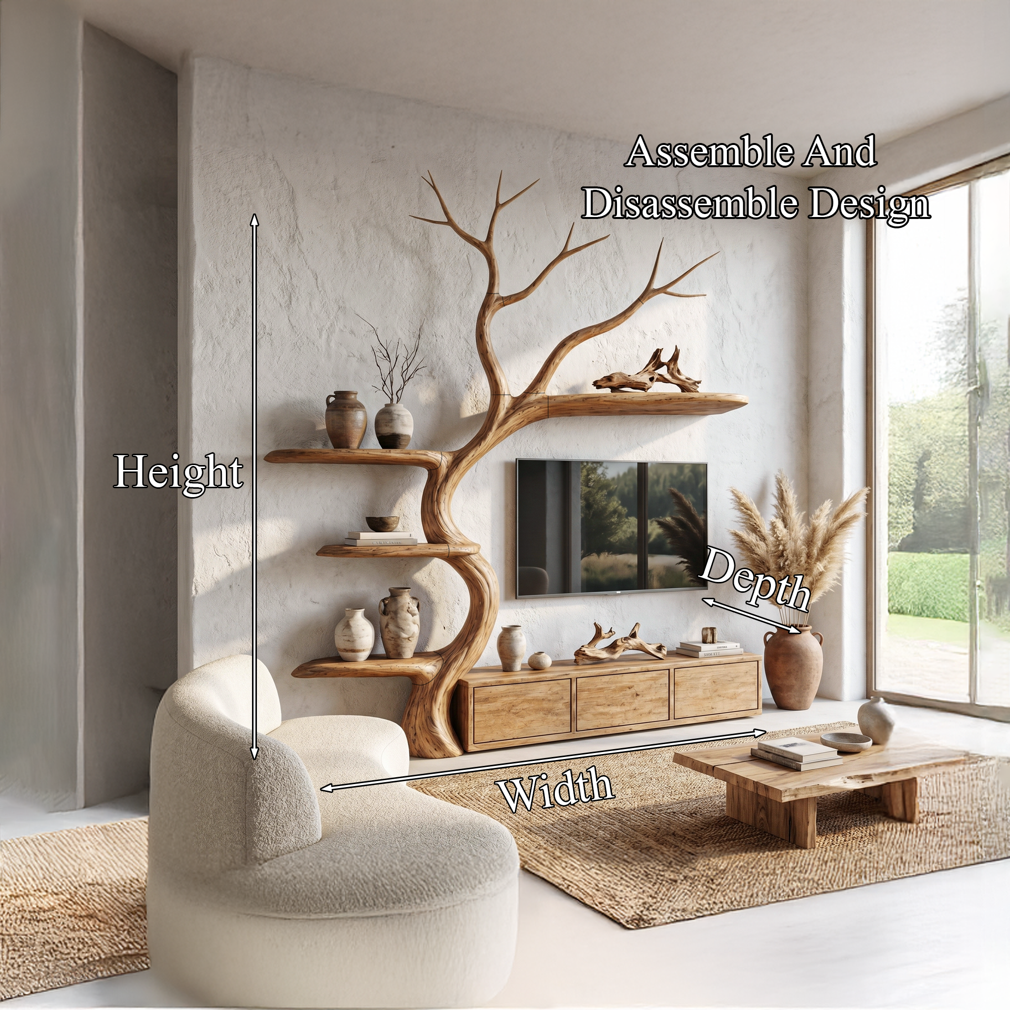 Rustic Tree Branch TV Cabinet With Integrated Display Shelves For Living Room SINLHATC039