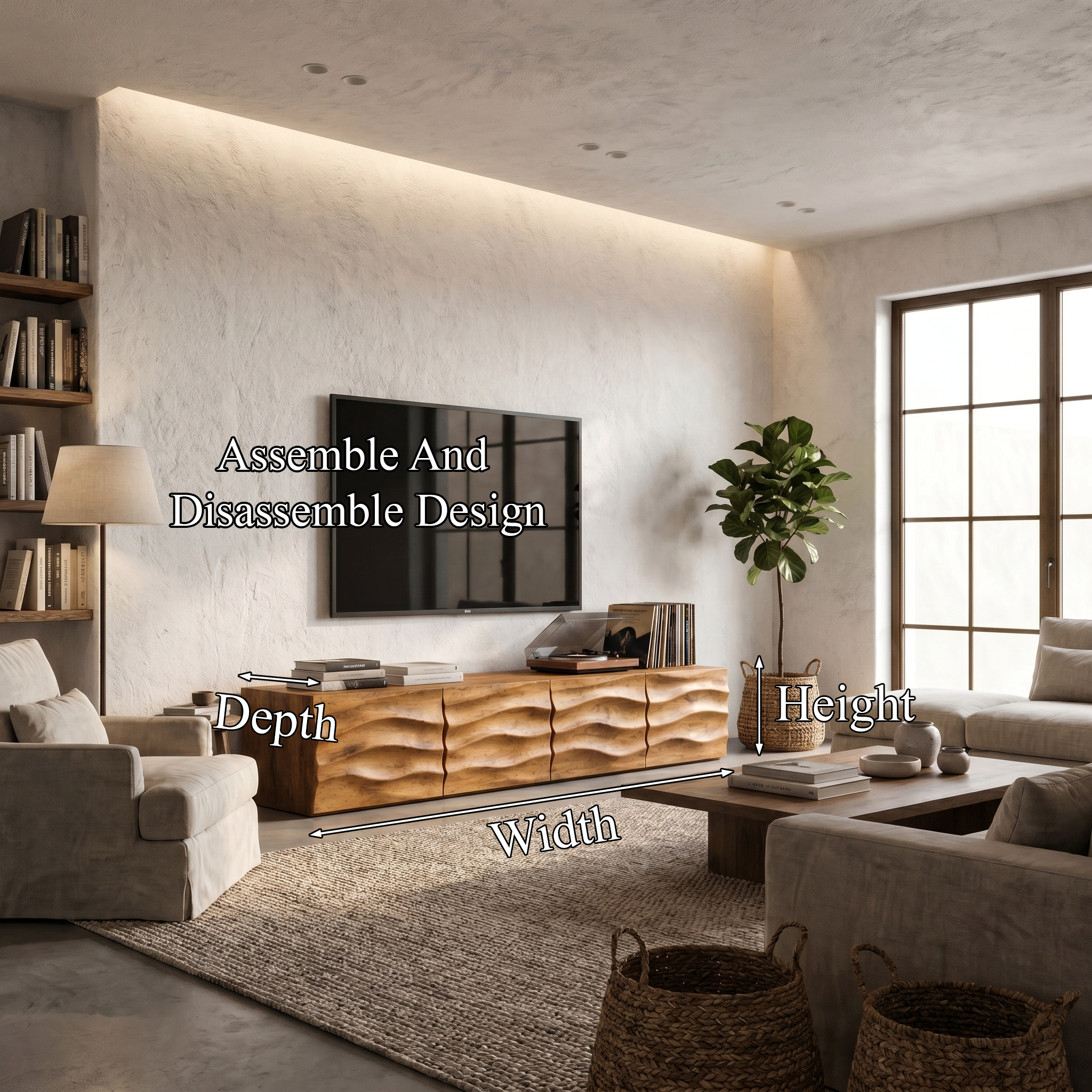 Organic TV Cabinet With Wave Front Doors And Built In Storage For Living Room SINLHATC041
