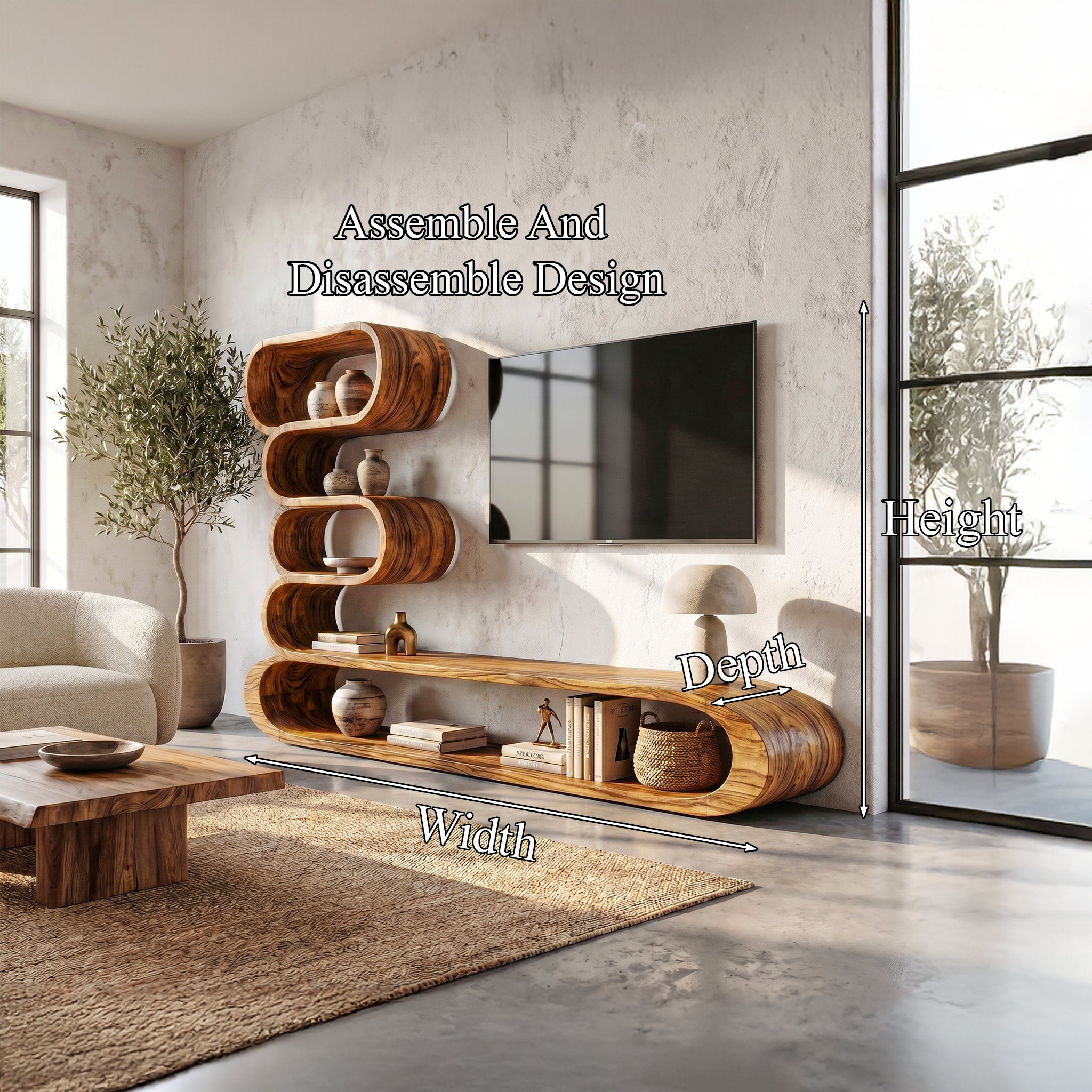 Organic TV Cabinet With Integrated Display Shelves And Rounded Storage Design For Living Room SINLHATC044
