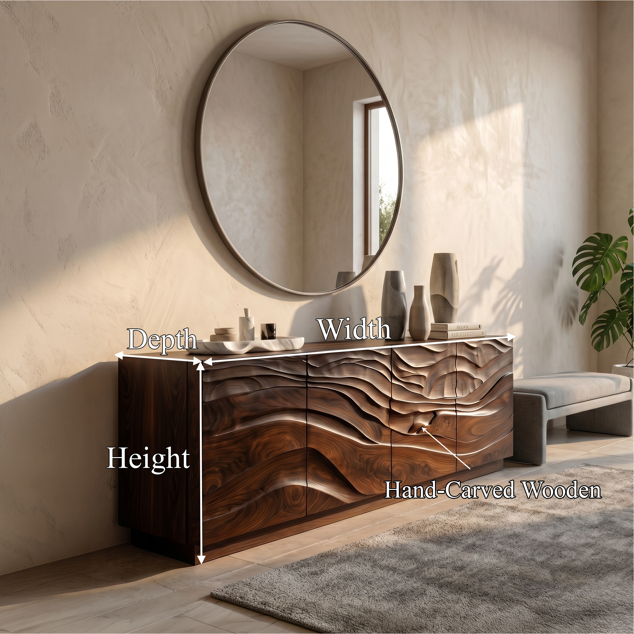 Organic Sideboard With Sculptural Wave Carved Wood Front For Living Room SINLSASC522
