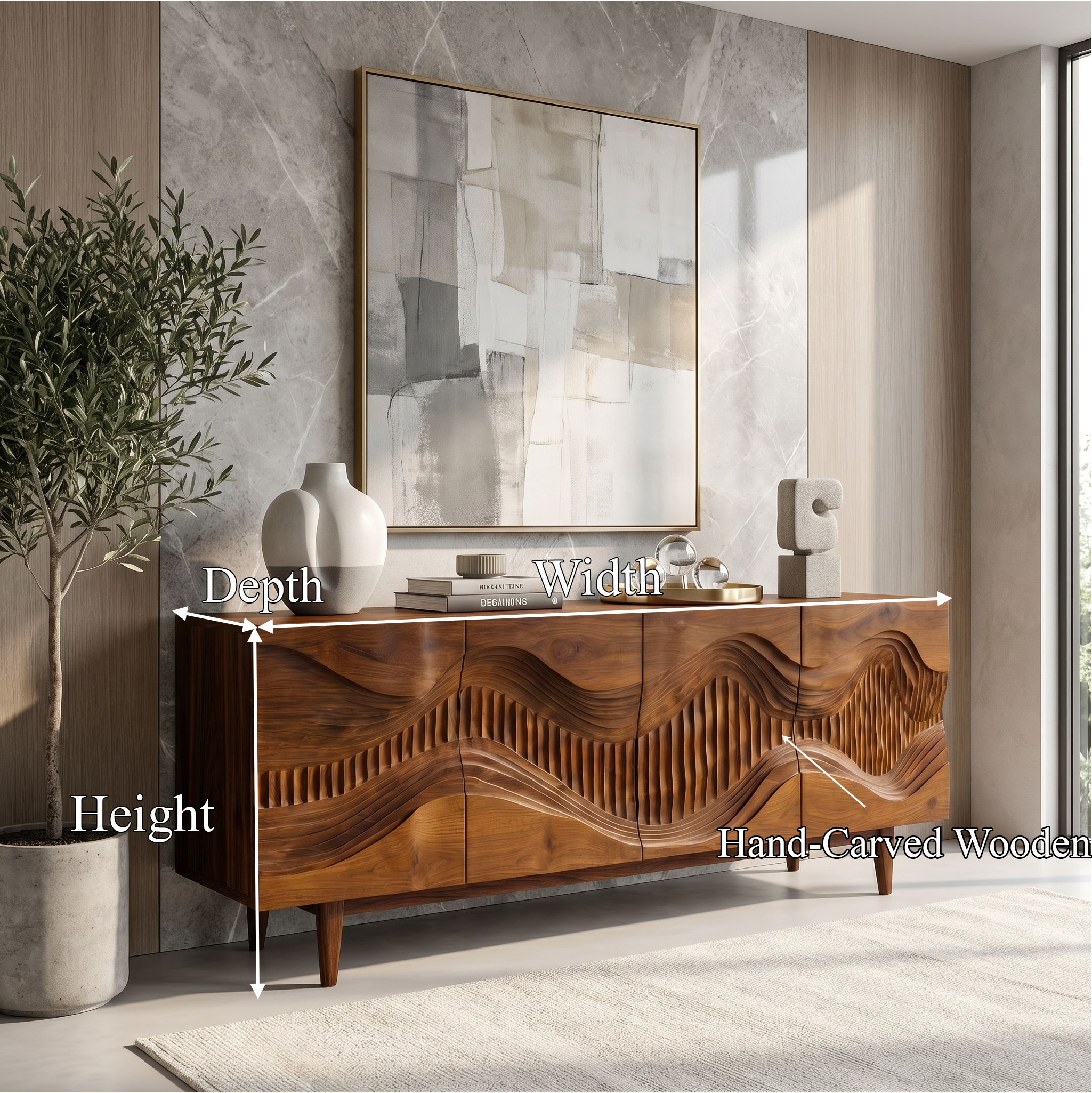 Mid Century Sideboard With Sculptural Wave Carved Wood Doors For Living Room SINLSASC524