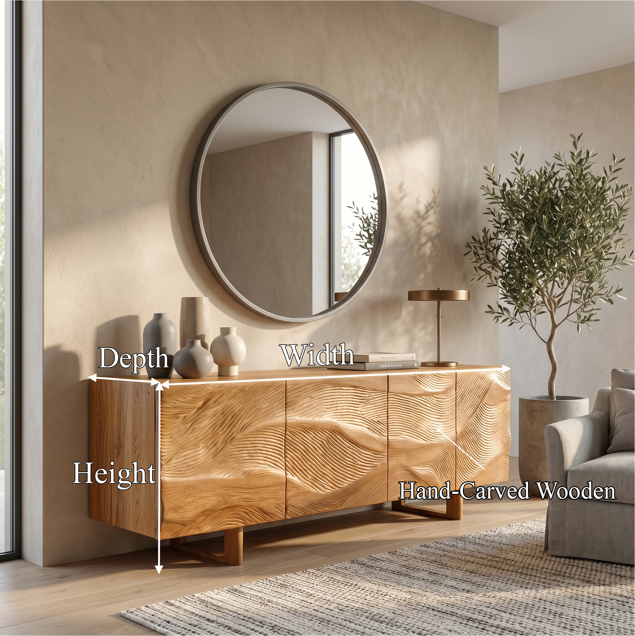 Modern Sideboard With Sunburst Carved Wood Doors For Living Room SINLSASC525