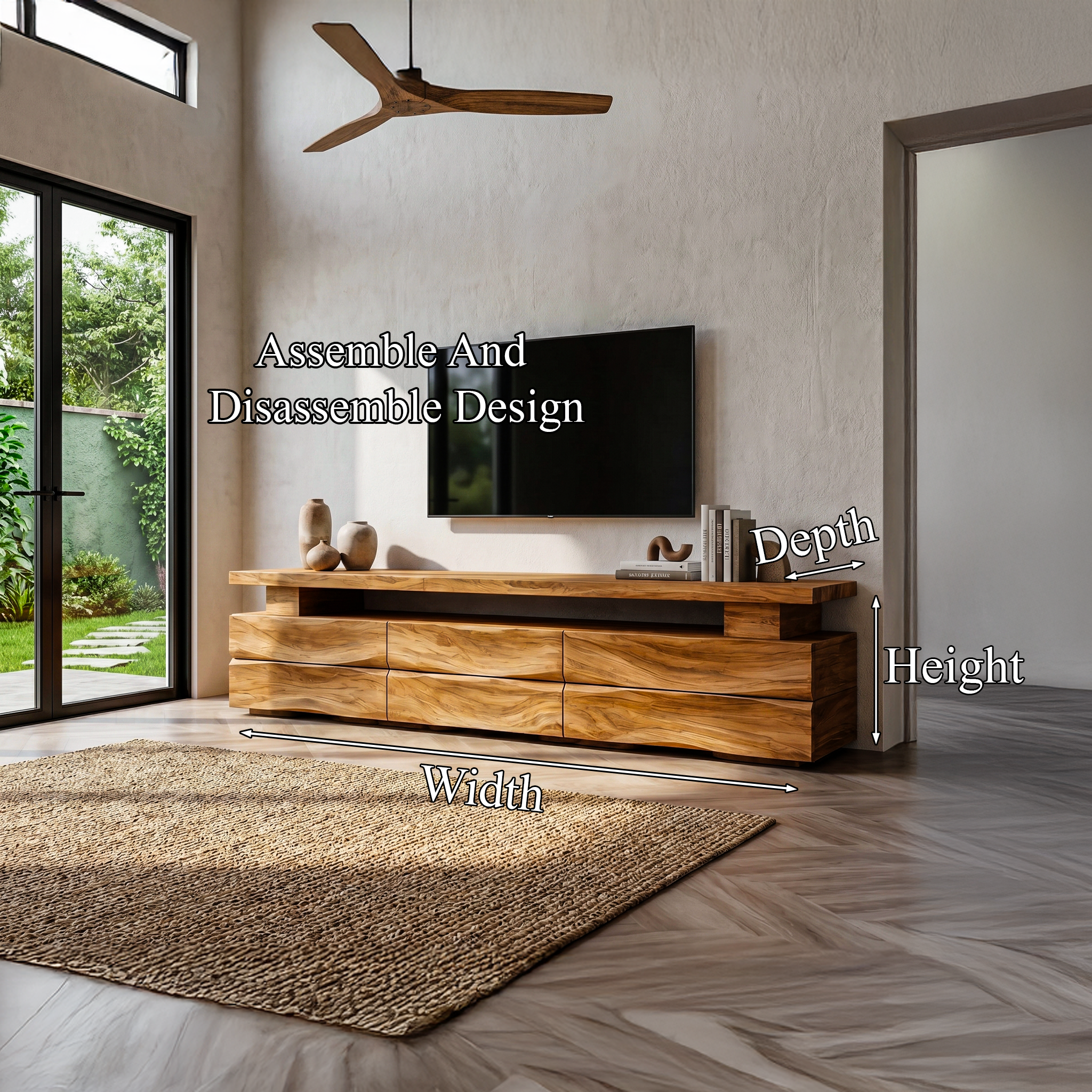 Rustic TV Cabinet With Wave Front Drawers And Open Storage Shelf For Living Room SINLHATC043