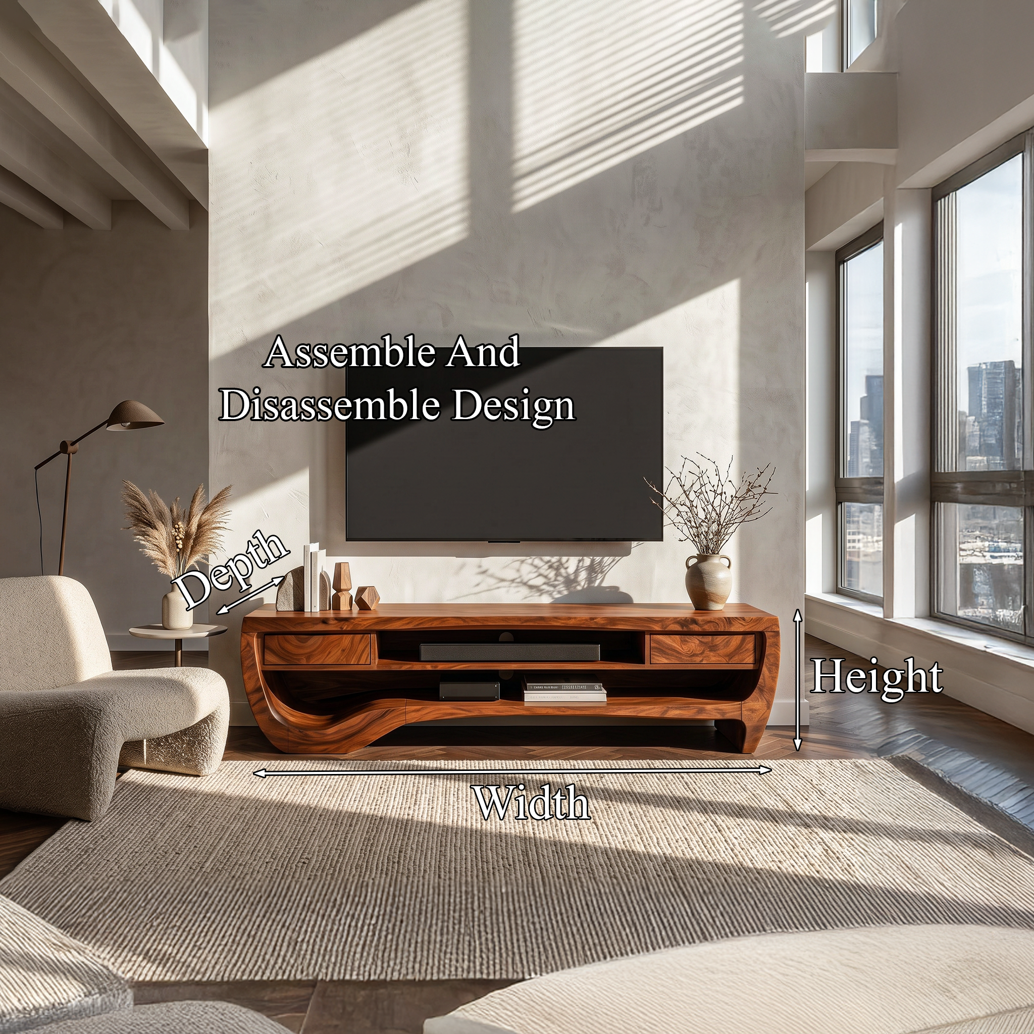Organic TV Cabinet With Open Storage And Sculptural Curved Wood Design For Living Room SINLHATC045