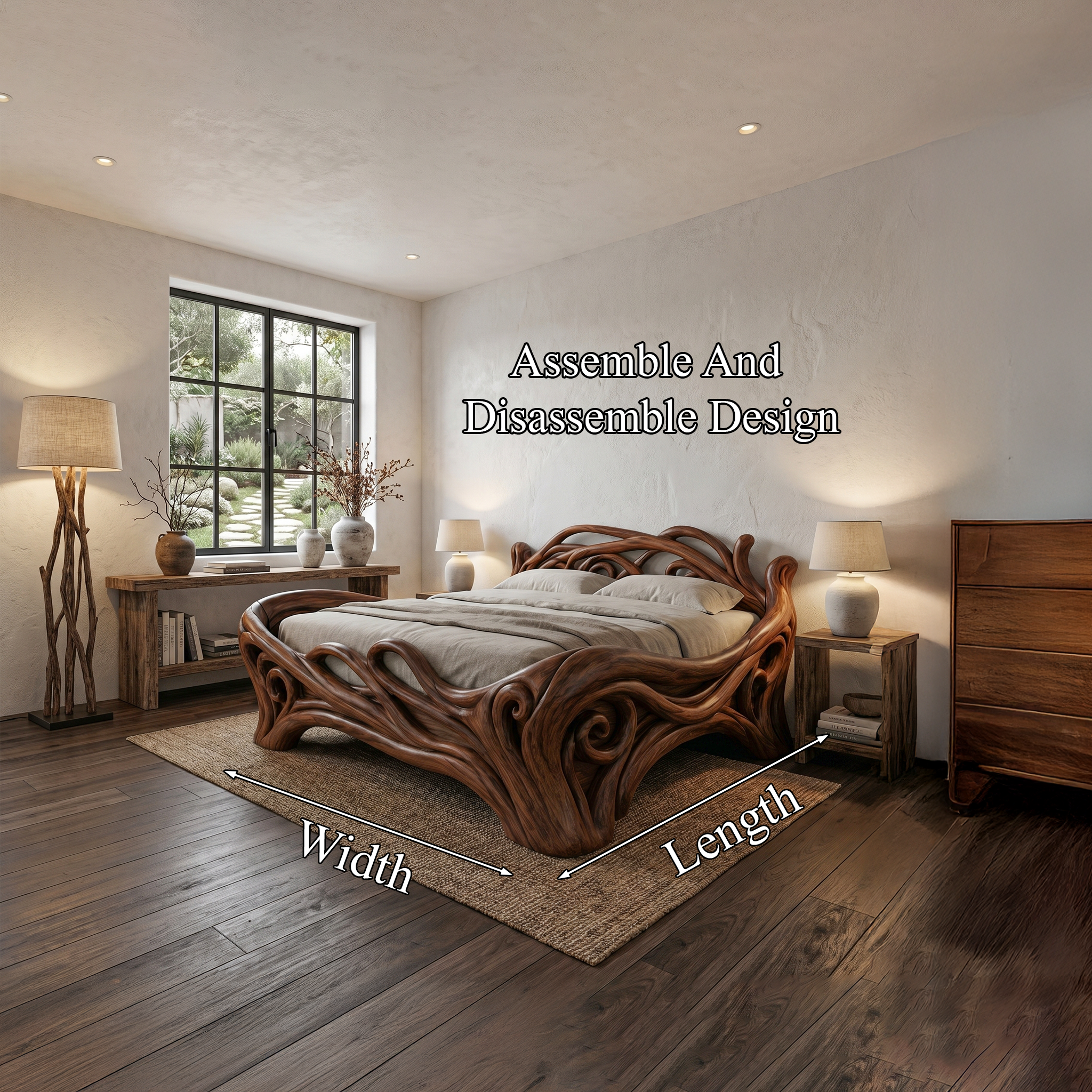 Organic Sculptural Bed Frame With Flowing Root Inspired Wood Design For Bedroom SINLHAWB121