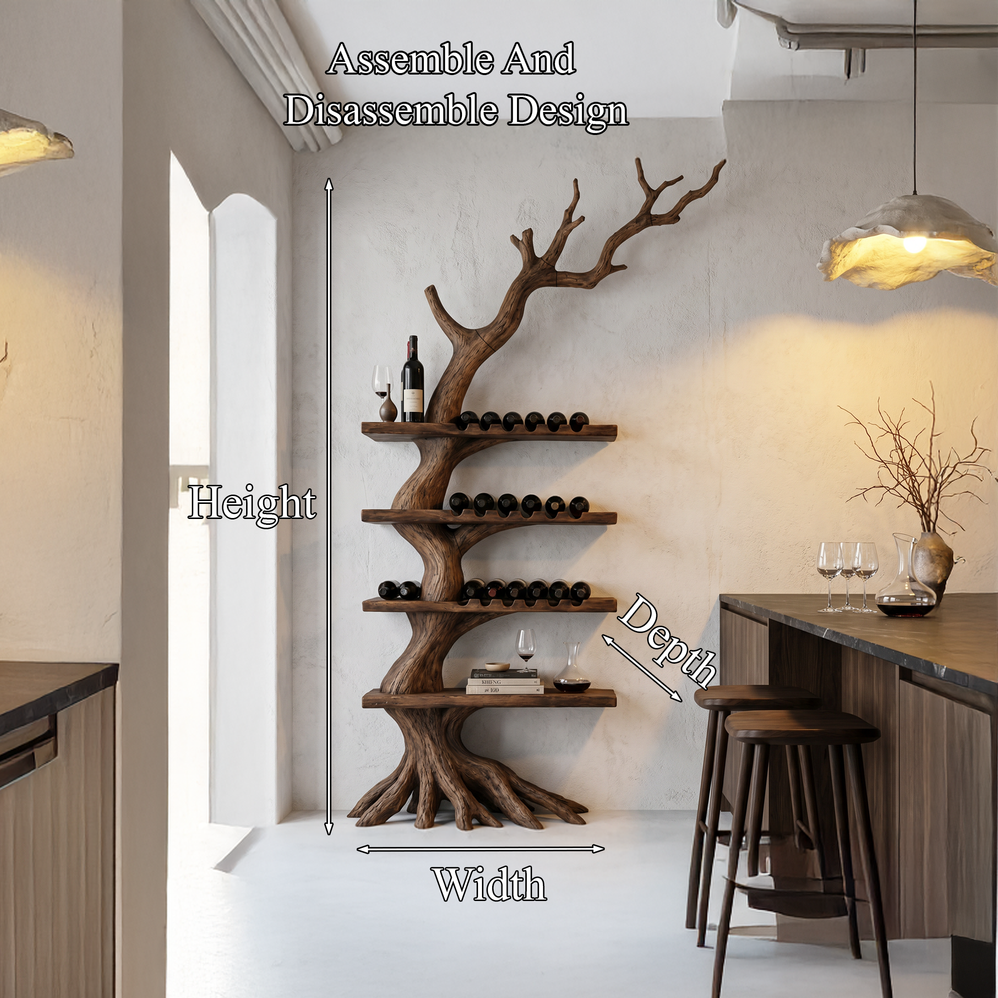 Rustic Tree Wine Rack With Solid Wood Shelves And Branch Inspired Wall Mounted Design For Dining Room SINLHAWR034