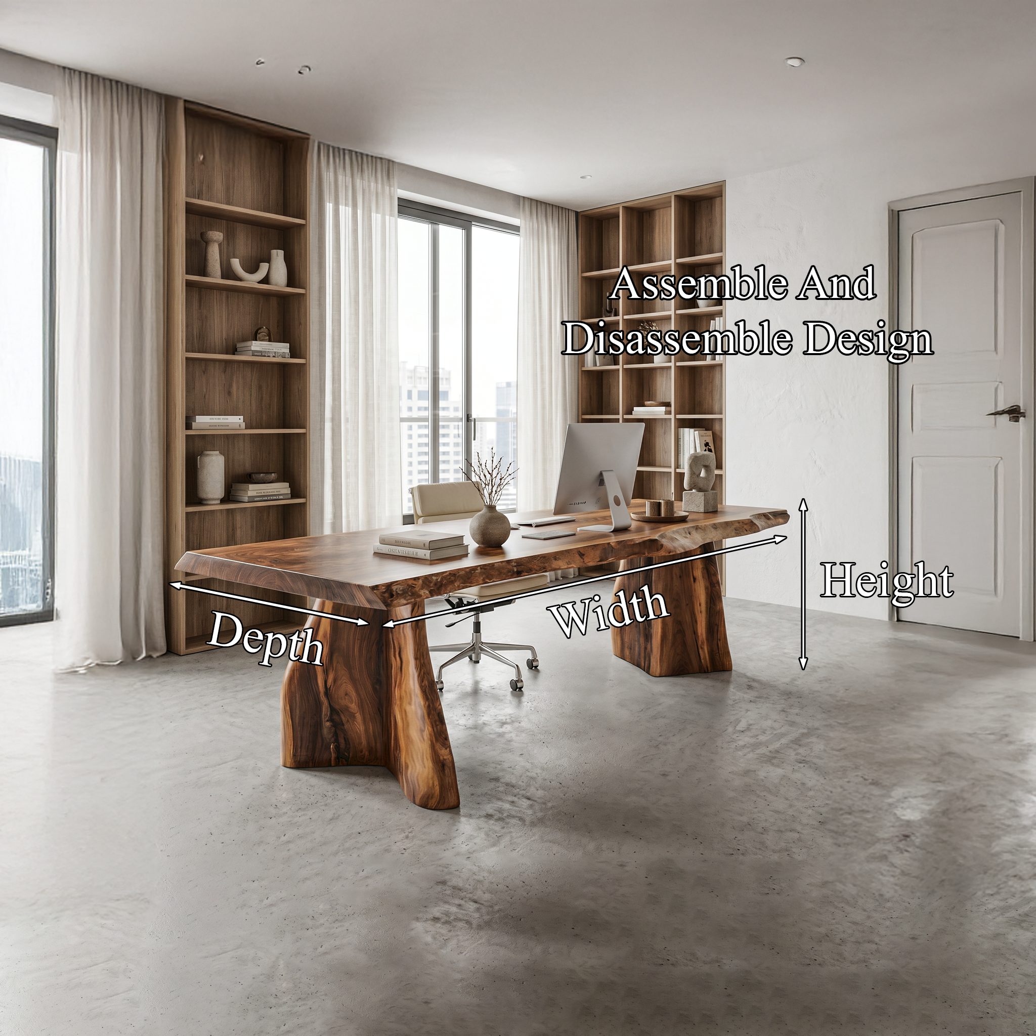 Rustic Live Edge Executive Desk With Sculptural Solid Wood Base For Home Office SINLHADK118