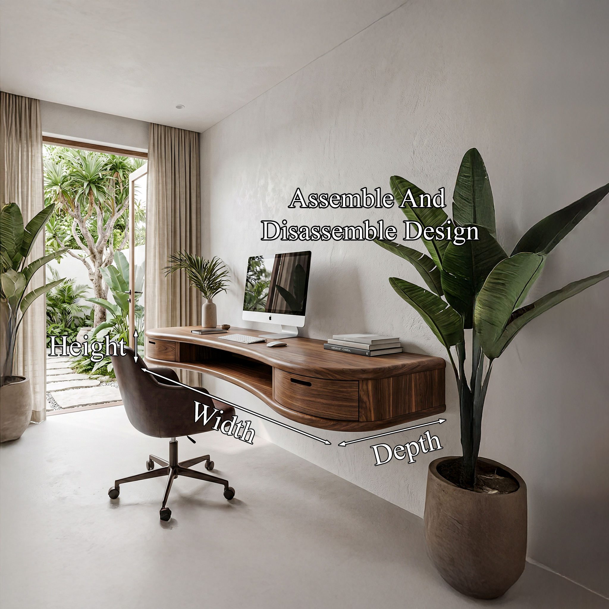 Modern Floating Desk With Built In Drawer Storage And Curved Wood Design For Home Office And Workspace SINLHADK121