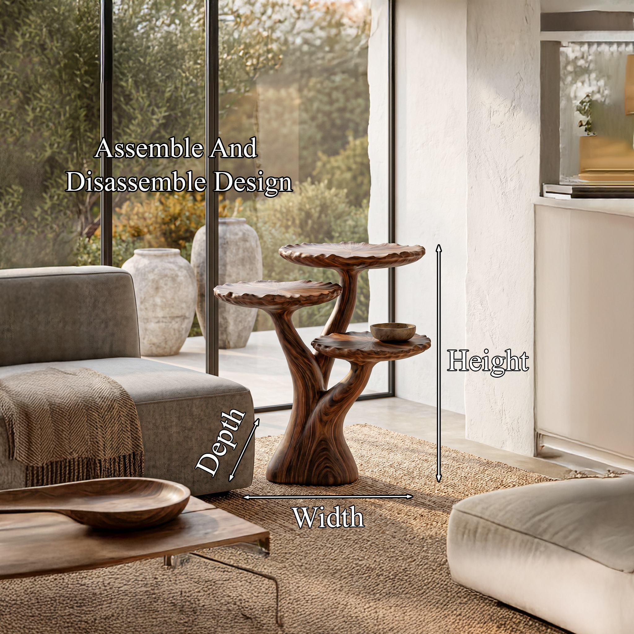 Organic Sculptural Side Table With Multi Tier Solid Wood Shelves For Living Room And Bedroom SINLHABT251