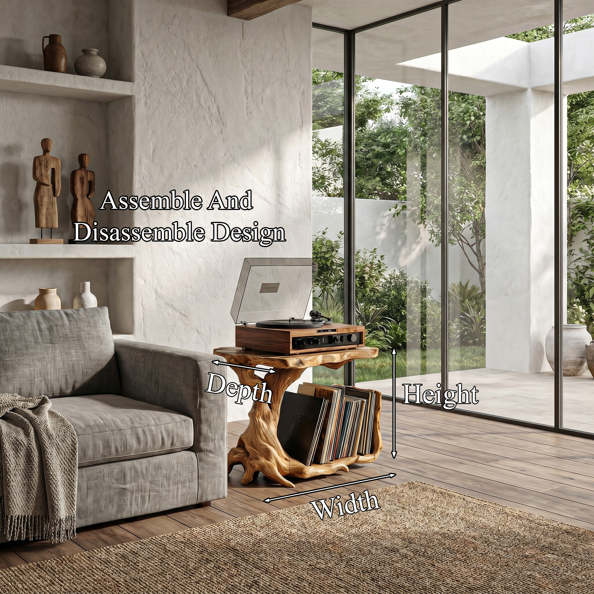 Rustic Record Player Stand With Tree Root Solid Wood Base And Vinyl Storage For Living Room SINLHARPS007