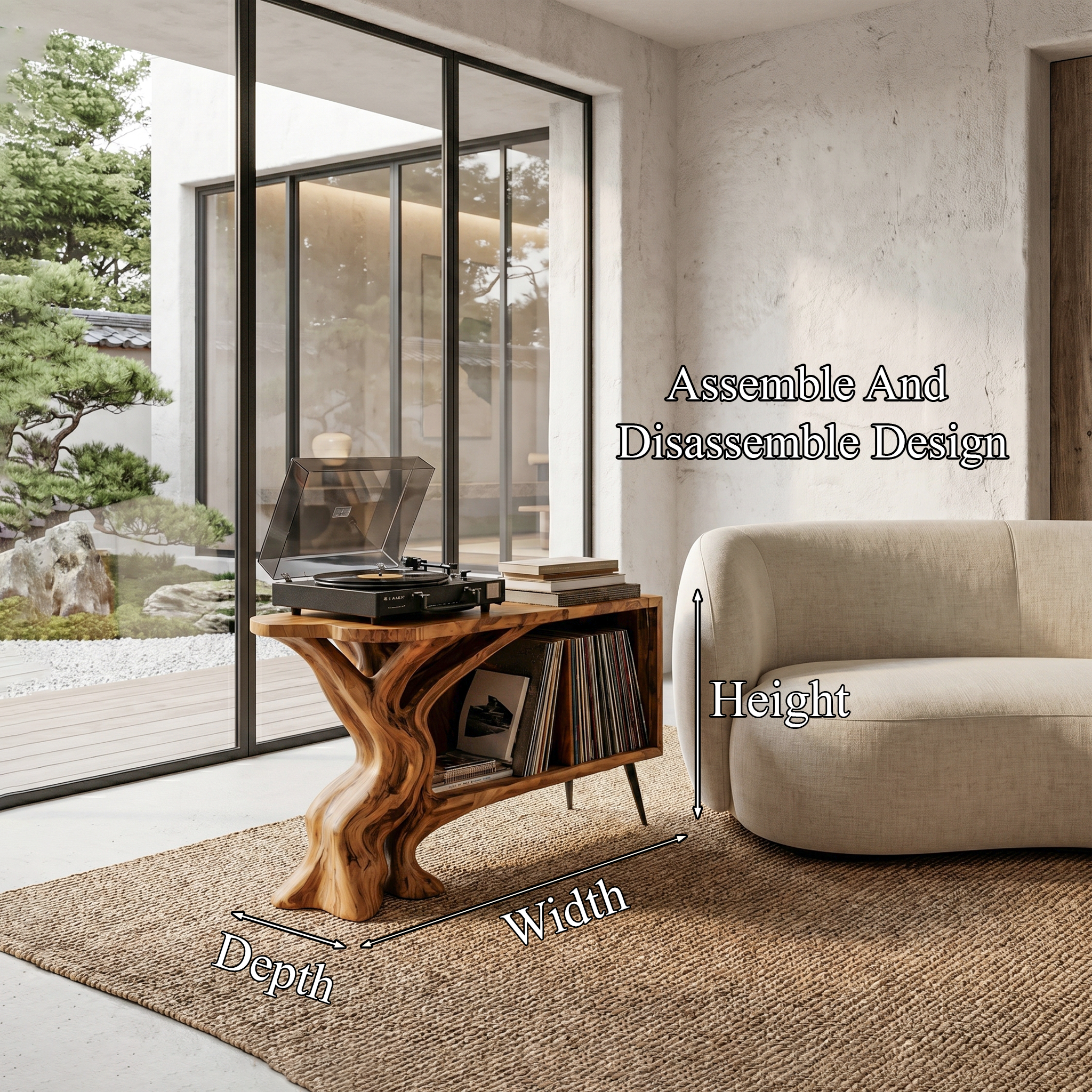Organic Record Player Stand With Sculptural Tree Root Base And Vinyl Storage For Living Room SINLHARPS009