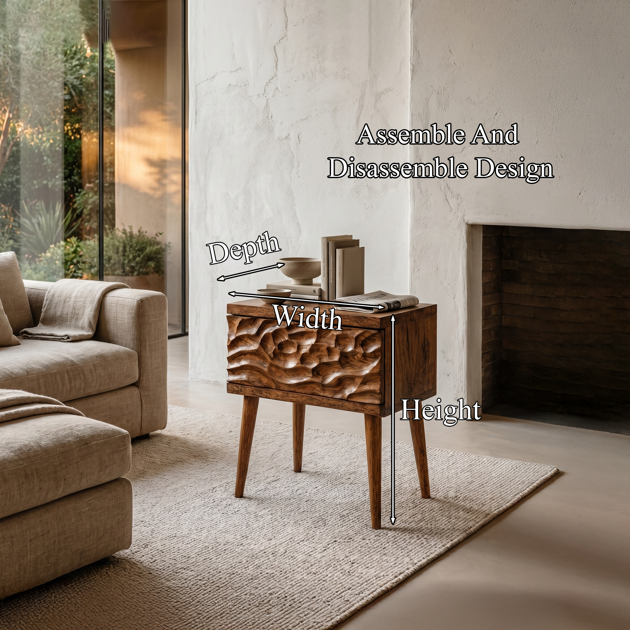 Mid Century Modern Side Table With Carved Wood Drawer And Open Shelf For Living Room And Bedroom SINLHABT256