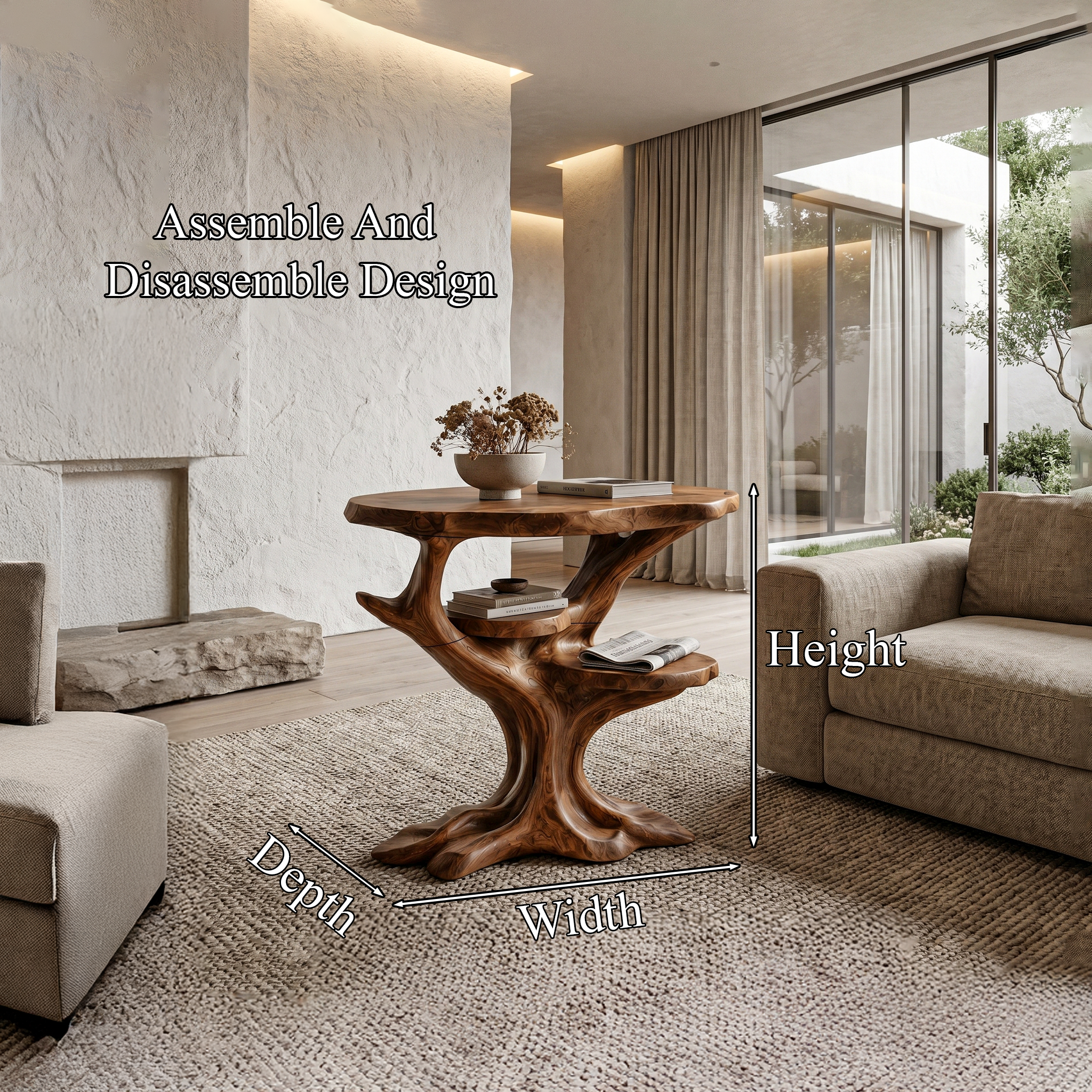 Organic Sculptural Side Table With Solid Wood Display Shelves For Living Room And Bedroom SINLHABT257