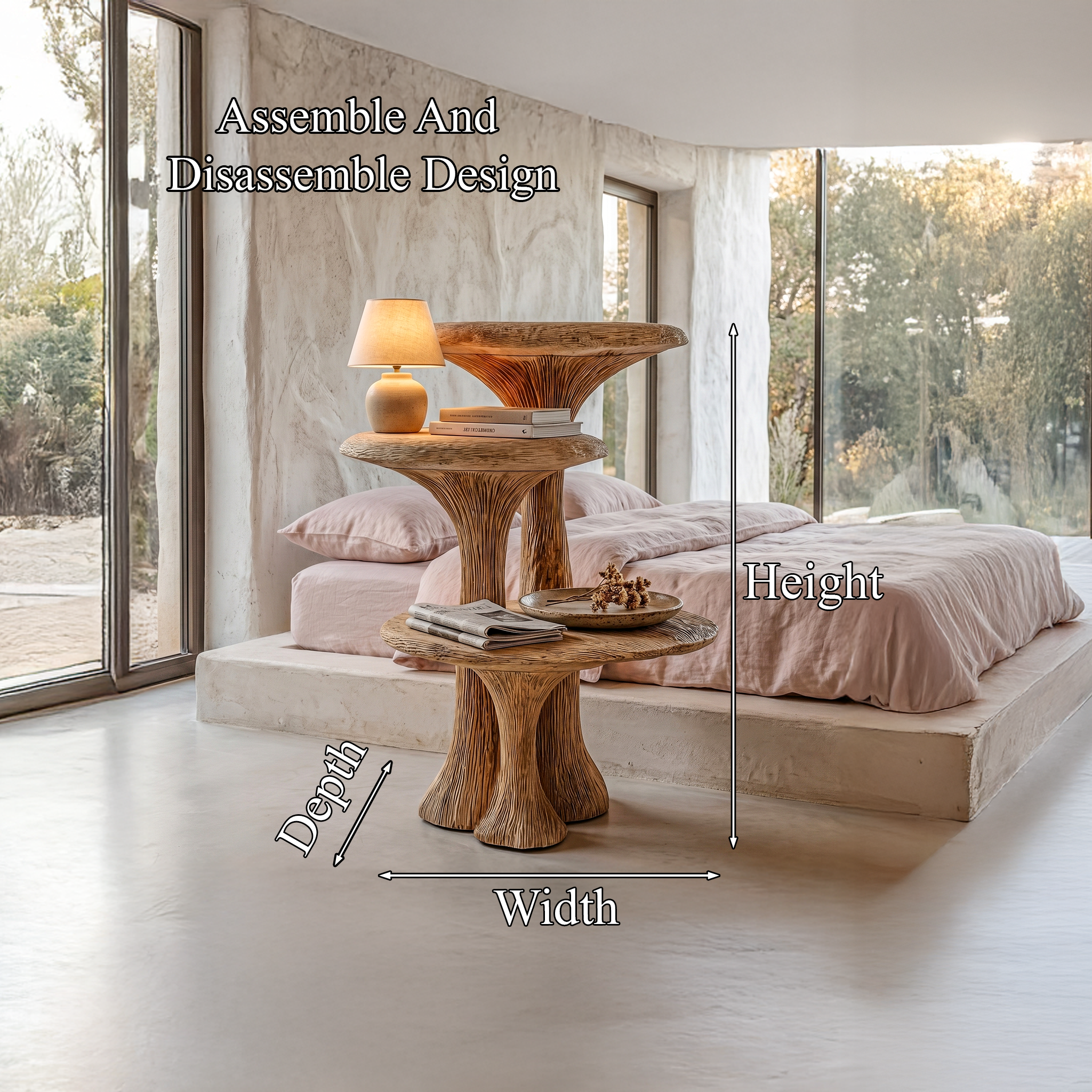 Organic Sculptural Nightstand With Multi Tier Solid Wood Shelves For Bedroom SINLHABT258