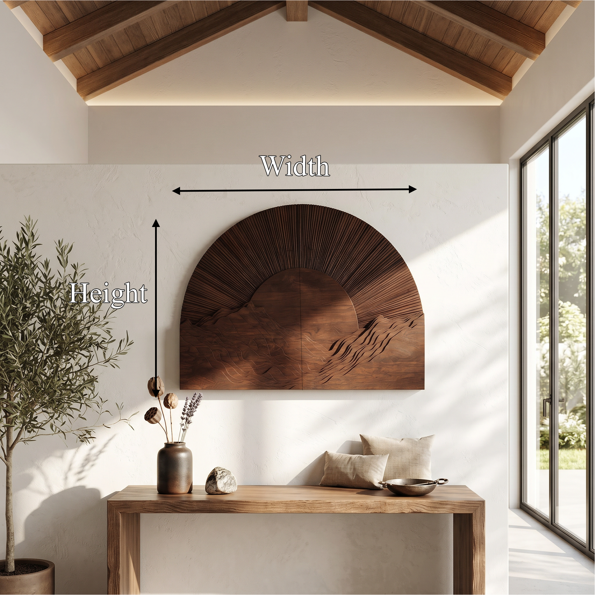 Half Moon Wall Art With Sunburst Carved Panel Design For Living Room And Entryway SINLSAWD096
