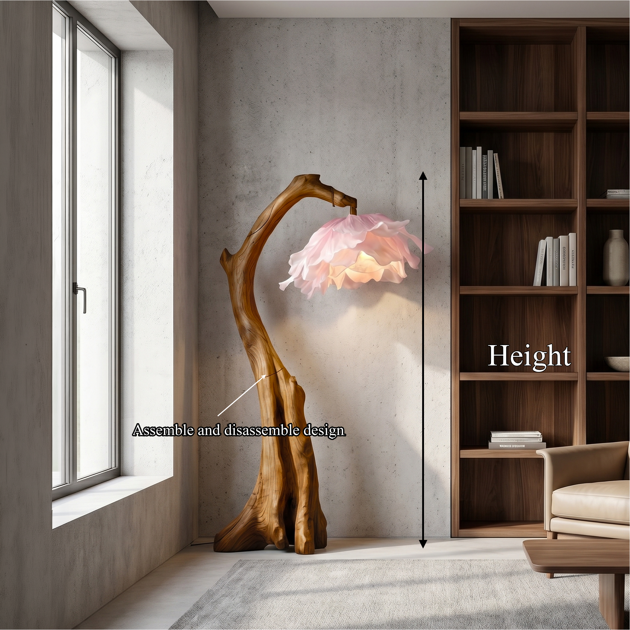Handmade Flower Floor Lamp With Sculptural Wood Base For Living Room And Bedroom SINLSAFLP079