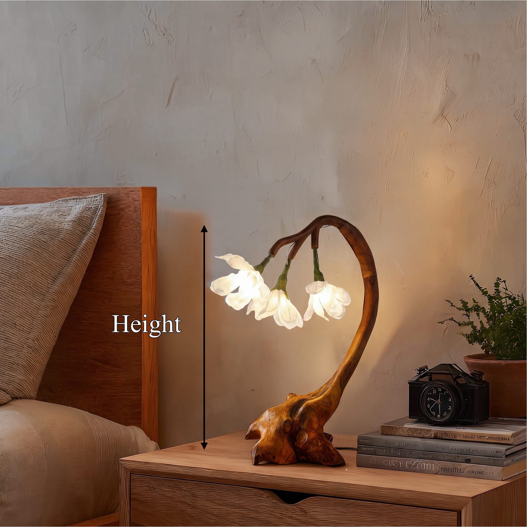 Organic Flower Table Lamp With Sculptural Wood Base For Bedroom And Living Room SINLSATL002