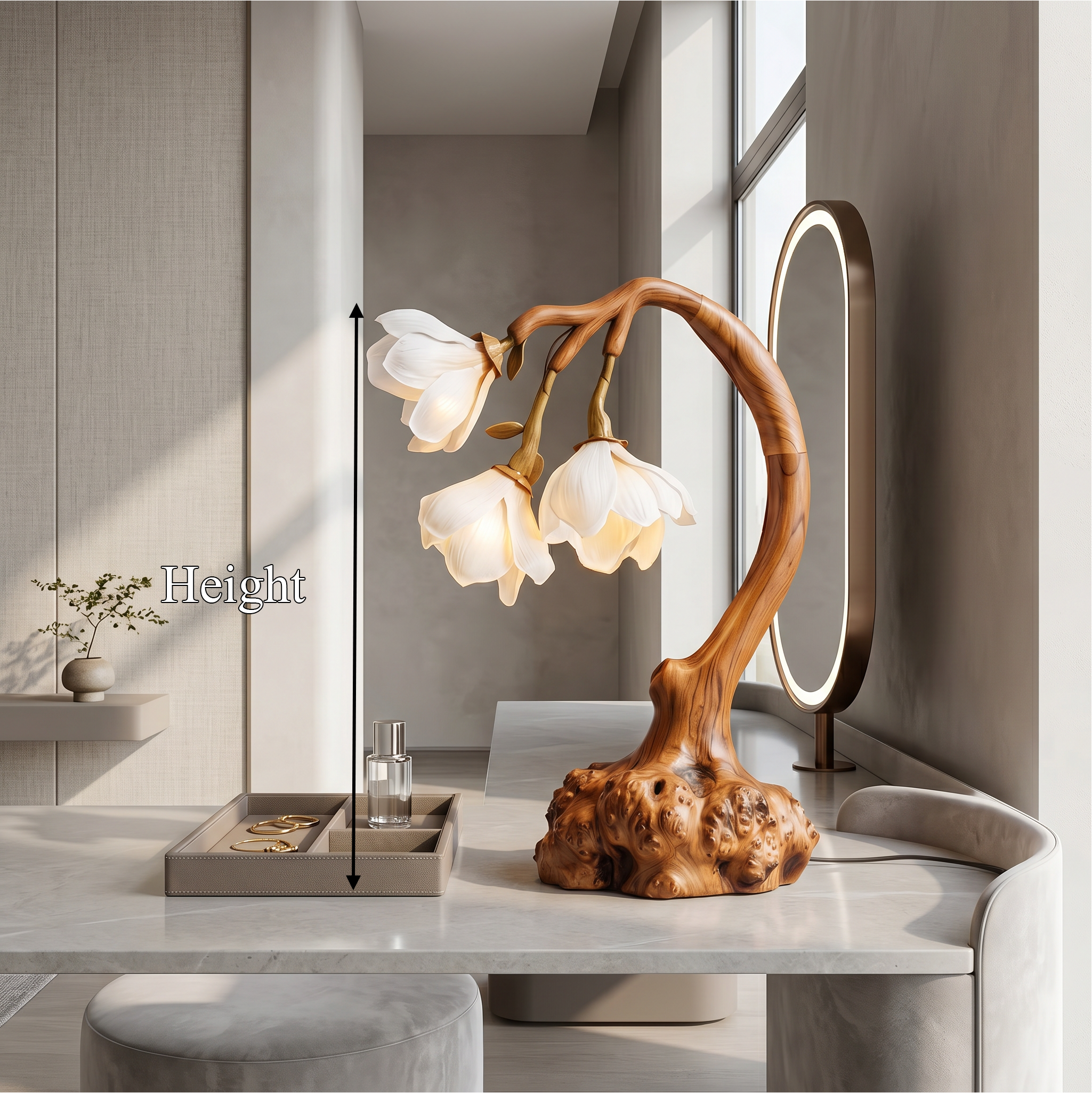 Minimalist Floral Table Lamp With Organic Wood Base For Bedroom And Living Room SINLSATL004