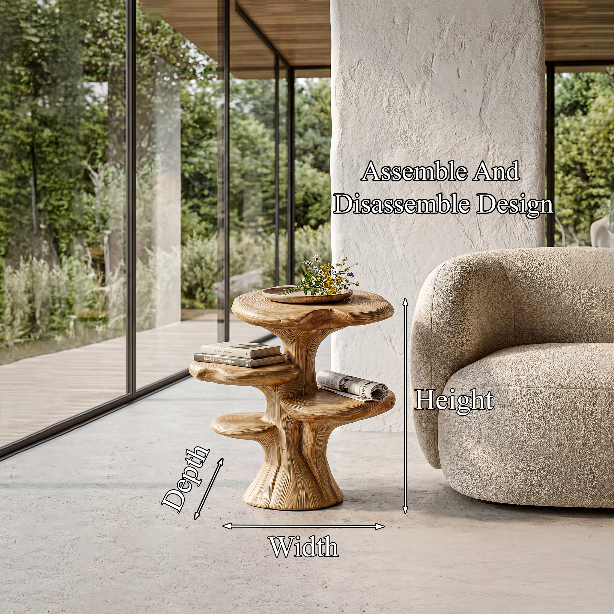 Organic Sculptural Beside Table With Tiered Solid Wood Shelves For Living Room SINLHABT262