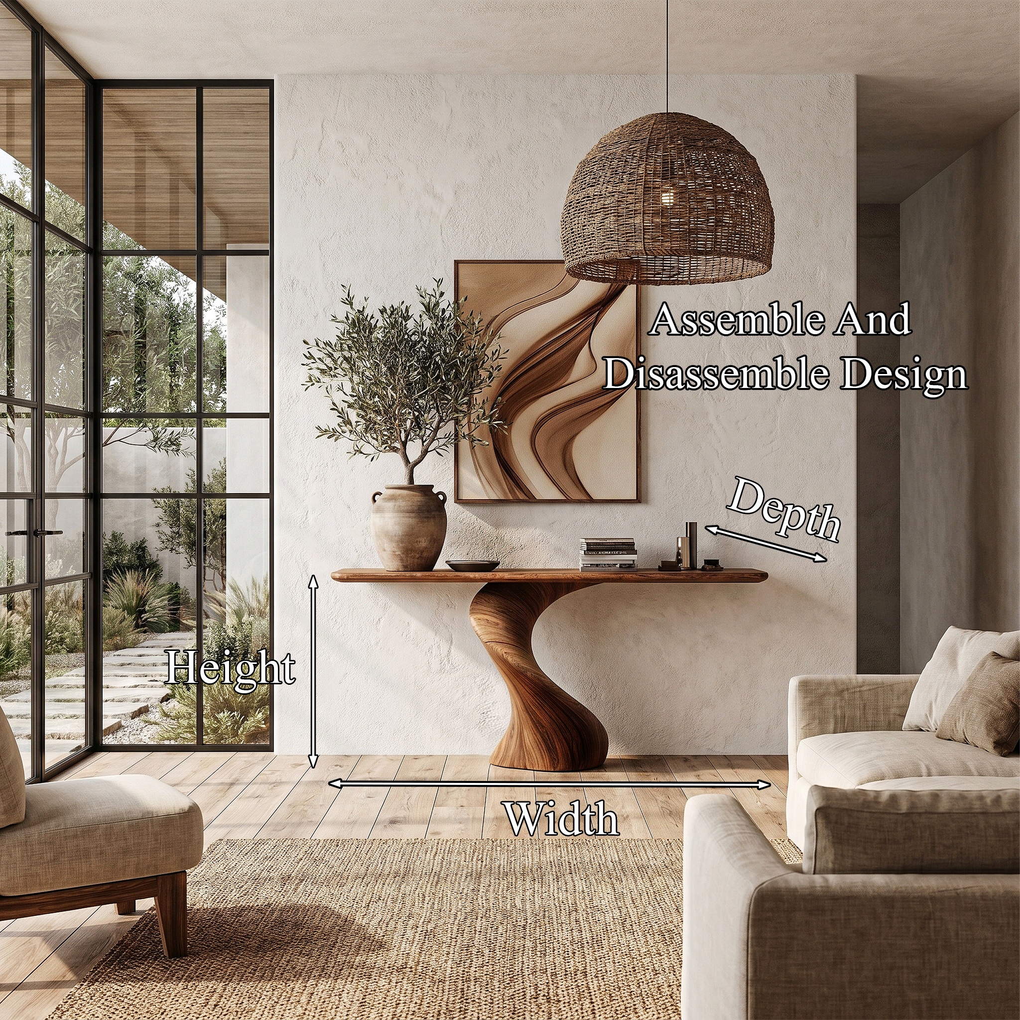 Modern Organic Console Table With Sculptural Twisted Solid Wood Base For Entryway And Living Room SINLHACS605