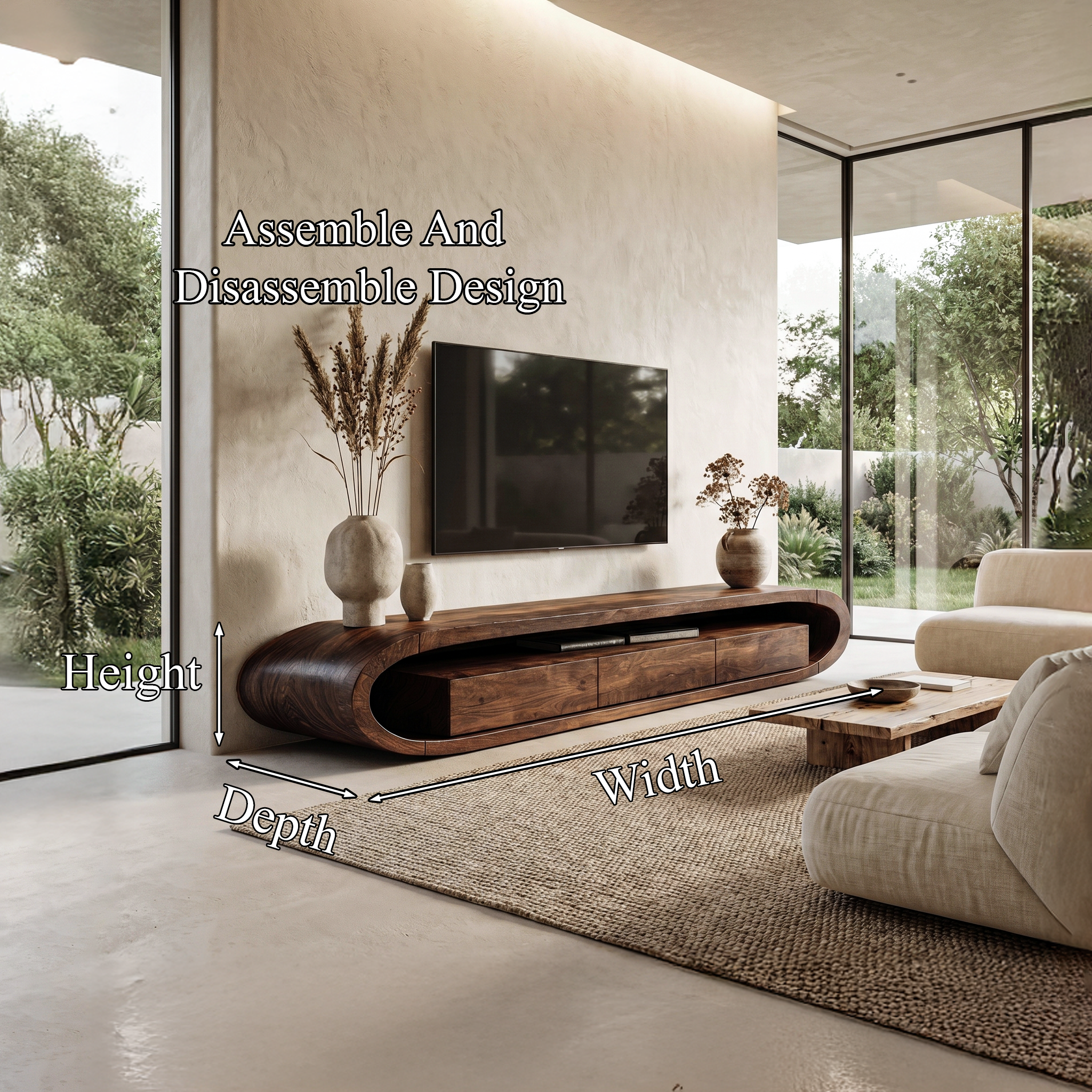 Organic TV Cabinet With Curved Solid Wood Design And Built In Drawer Storage For Living Room SINLHATC047