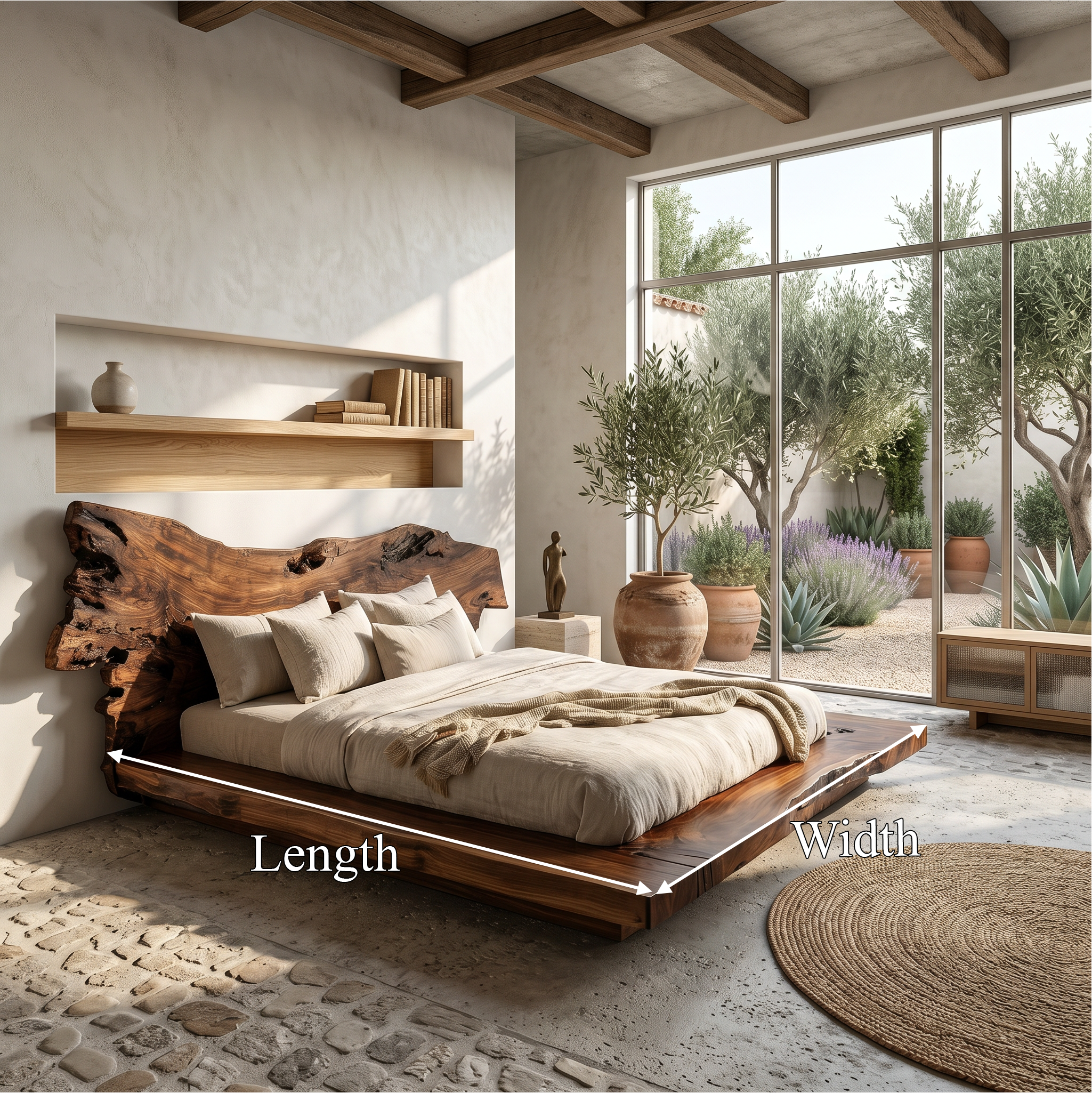 Contemporary Low Profile Bed Frame With Organic Wood Headboard For Bedroom SINLSAWB129