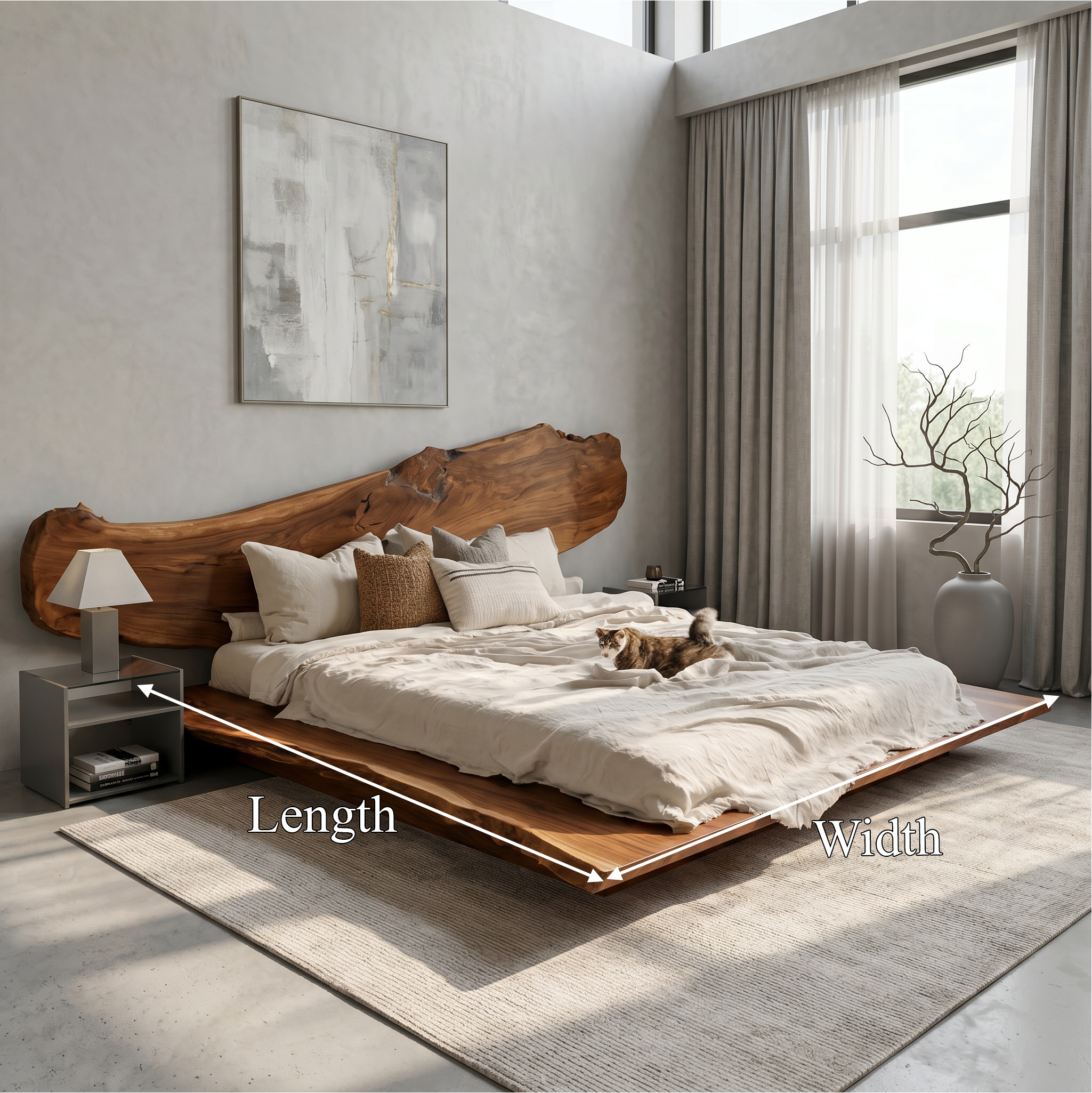 Luxury Organic Bed Frame With Sculptural Solid Wood Headboard And Floating Platform Design For Bedroom SINLSAWB131