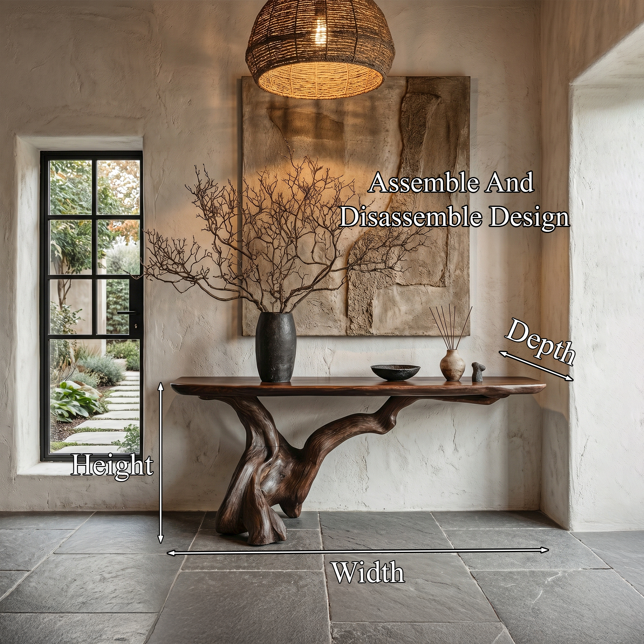 Organic Console Table With Sculptural Open Ring Wood Base For Entryway And Living Room SINLHACS610