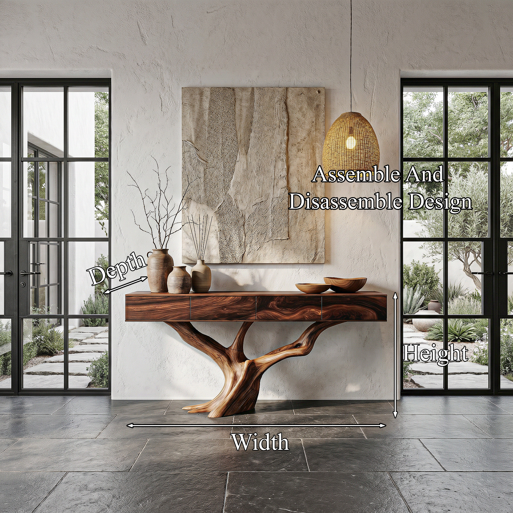 Rustic Live Edge Console Table With Sculptural Tree Branch Base For Entryway And Living Room SINLHACS616