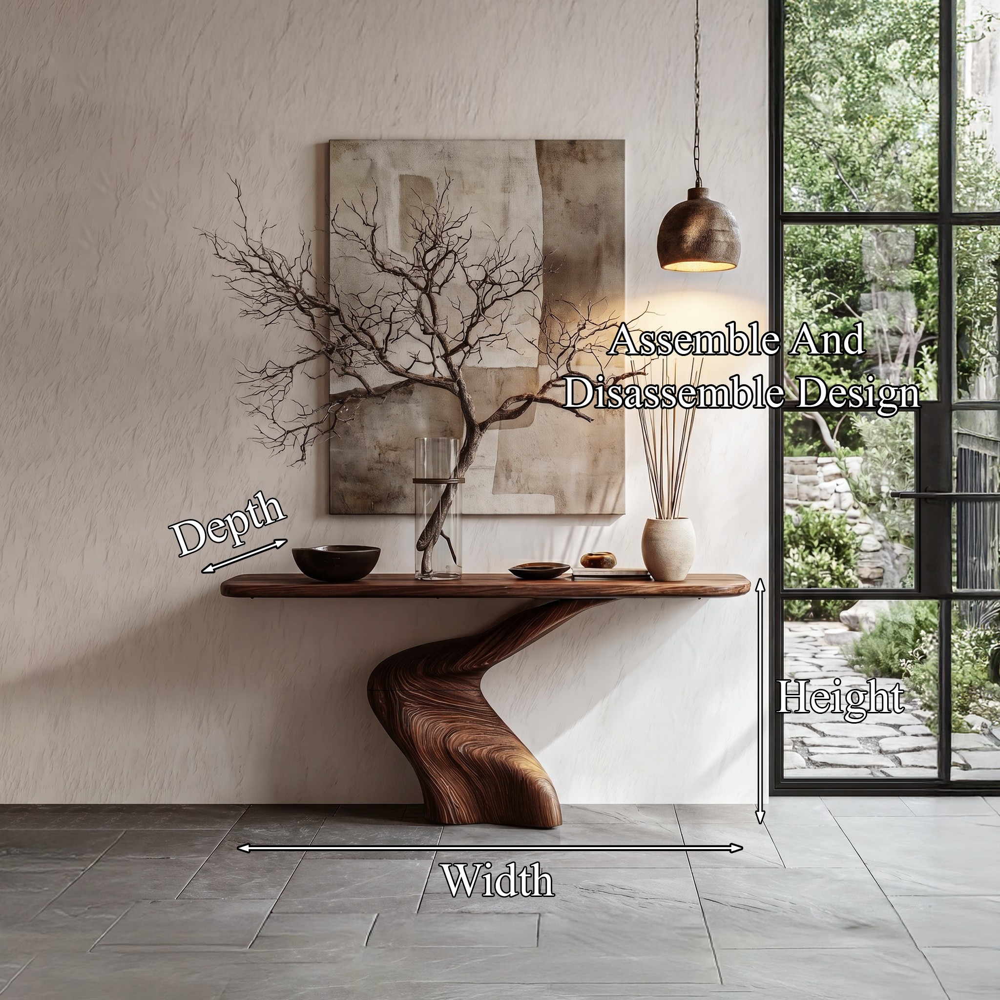 Organic Console Table With Sculptural Twisted Solid Wood Base For Entryway And Living Room SINLHACS617