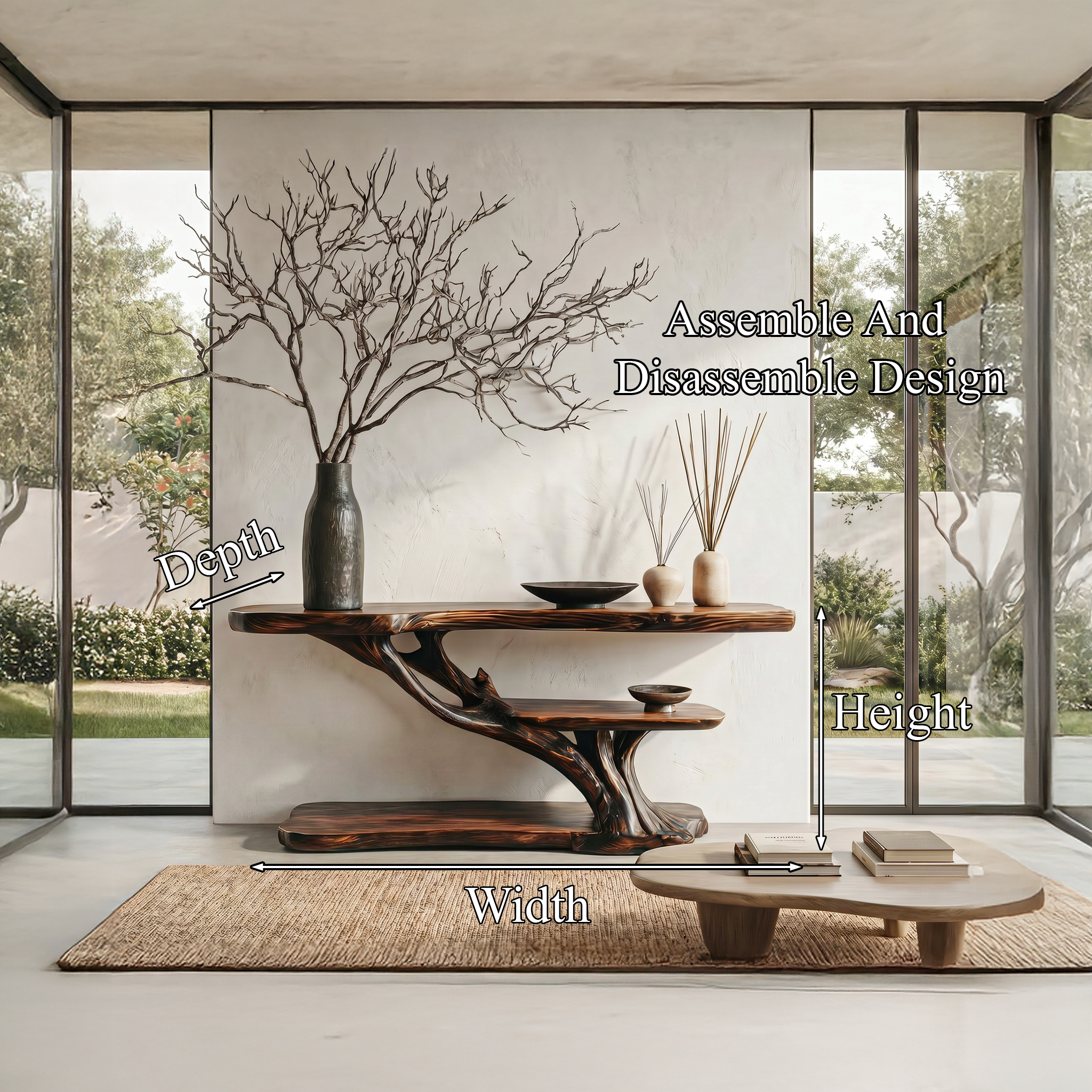 Organic Sculptural Console Table With Handcrafted Wood Base For Hallway SINLHACS618