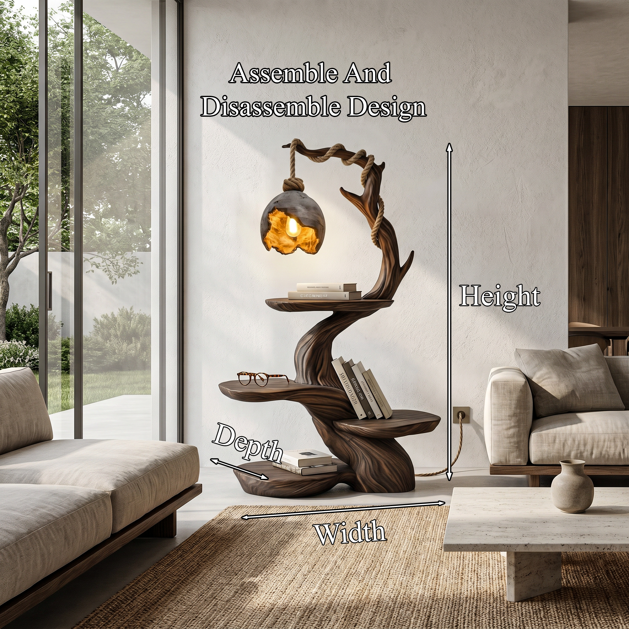 Nature Inspired Beside Table With Sculptural Tree Form And Ambient Lamp For Bedroom SINLHABT266