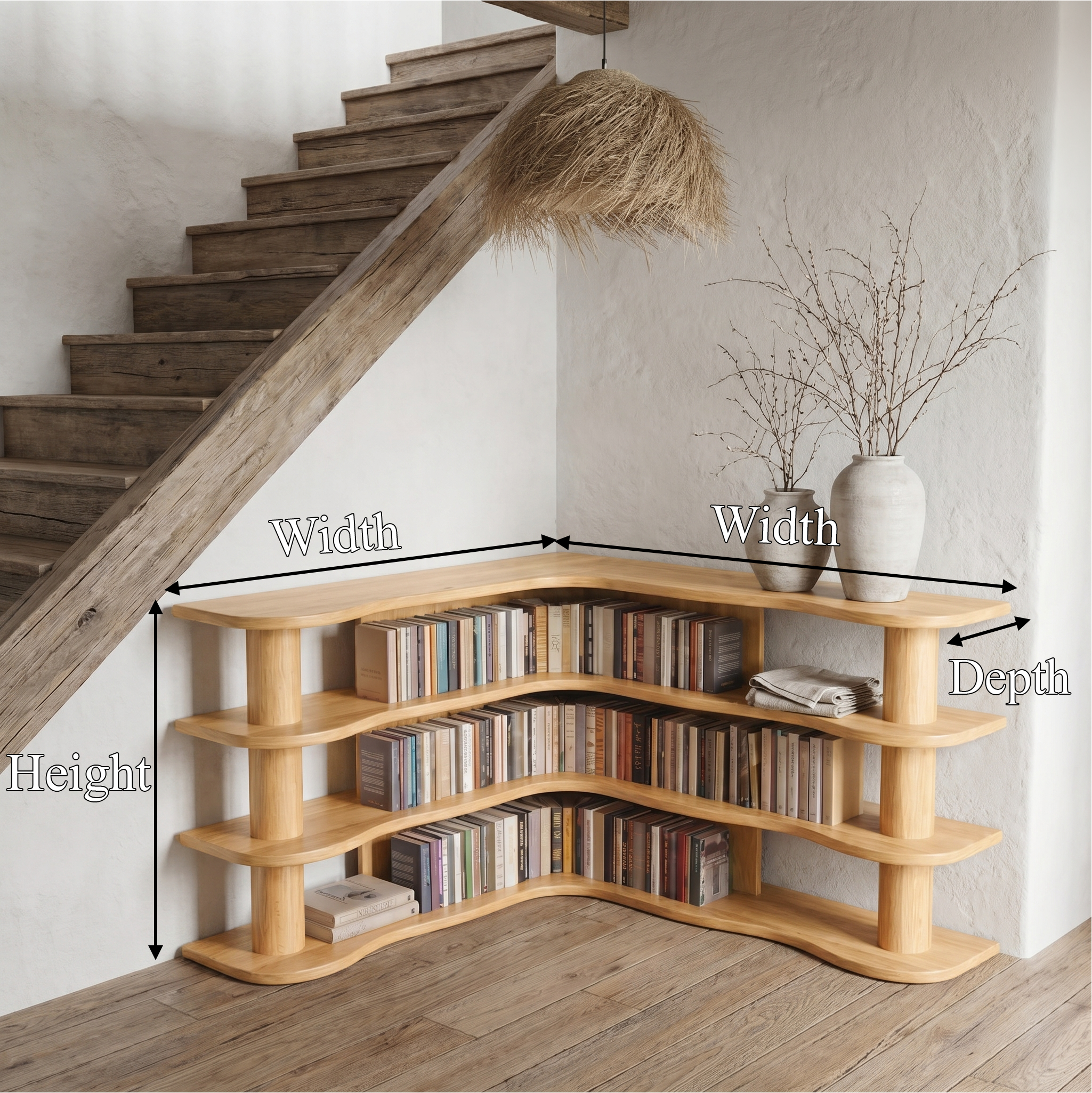 Scandinavian Corner Bookshelf With Rounded Multi Tier Wooden Shelves For Living Room And Bedroom SINLSABS020
