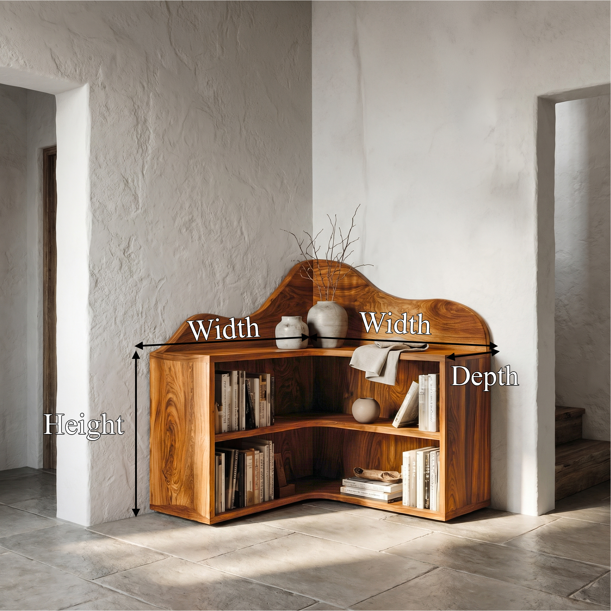 Organic Corner Bookshelf With Sculptural Curved Shelves And Open Storage For Living Room And Bedroom SINLSABS021
