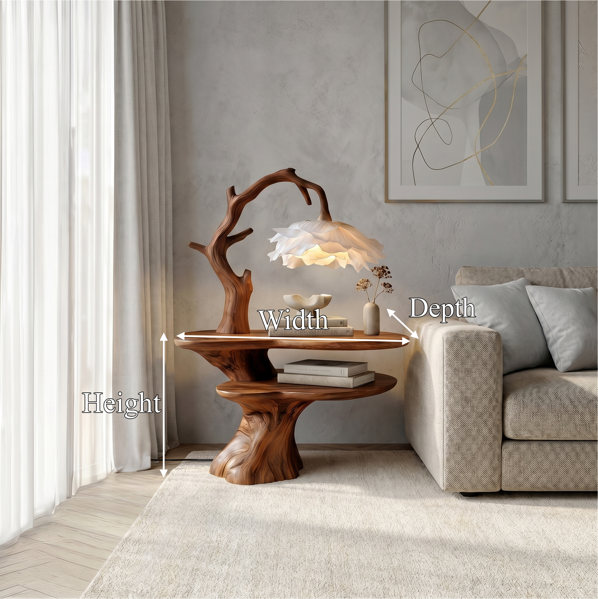 Natural Bedside Table With Floral Lamp And Tree Branch Form For Bedroom And Guest Room SINLSABT270