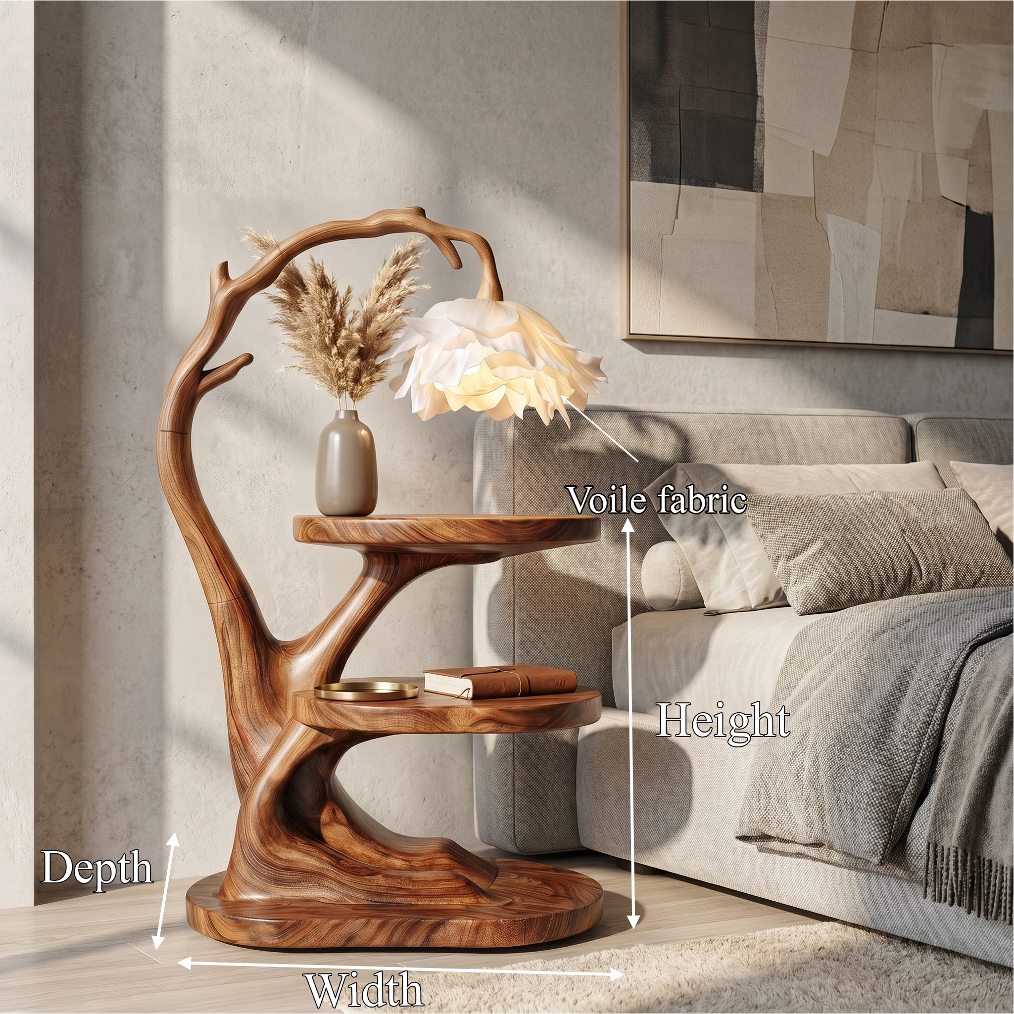 Organic Bedside Table With Sculptural Flower Lamp For Bedroom And Reading Nook SINLSABT273