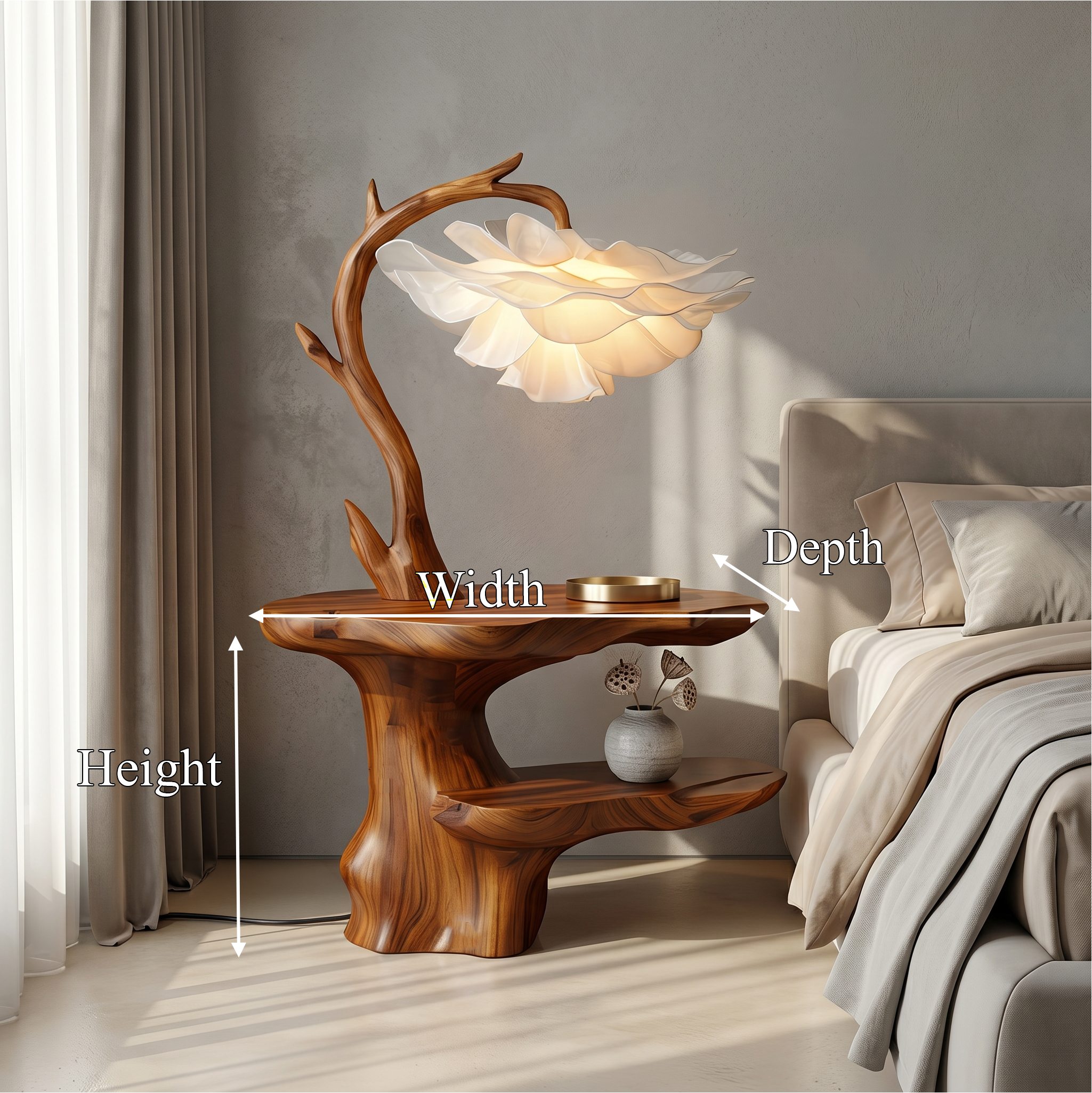 Organic End Table With Flower Lamp And Tree Branch Design For Bedroom And Reading Nook SINLSABT271