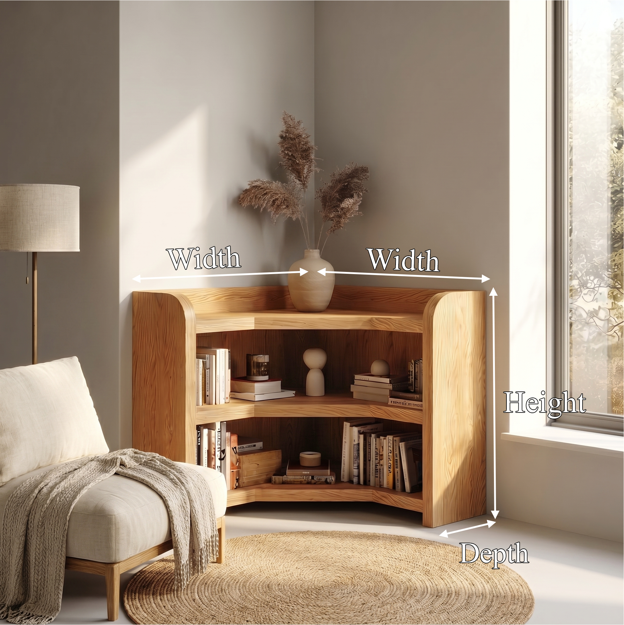 Natural Wooden Bookshelf With Rounded Edges And Open Shelves For Living Room And Bedroom SINLSABS028
