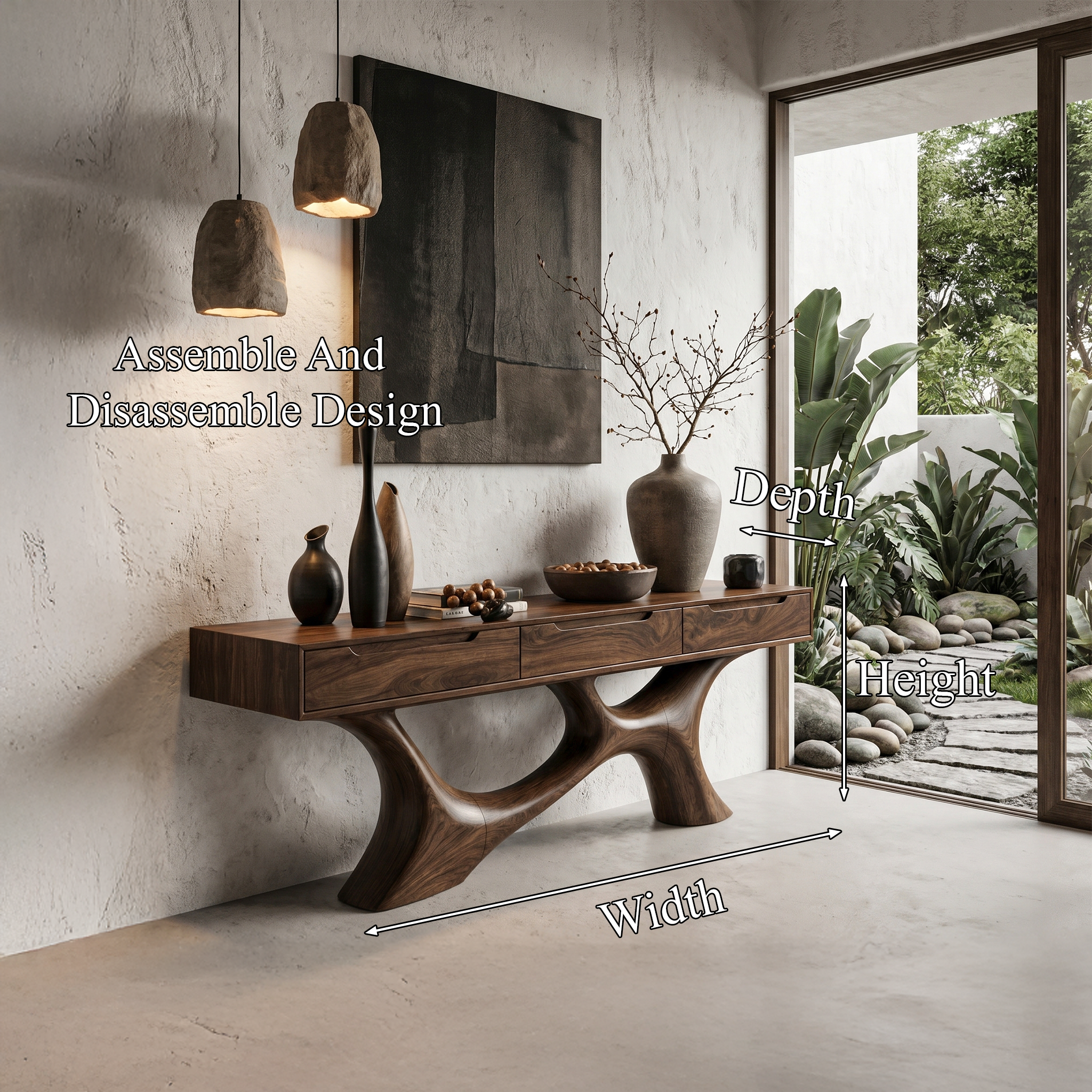 Modern Console Table With Built In Storage Cabinet And Sculptural Curved Wood Base For Entryway And Living Room SINLHACS591