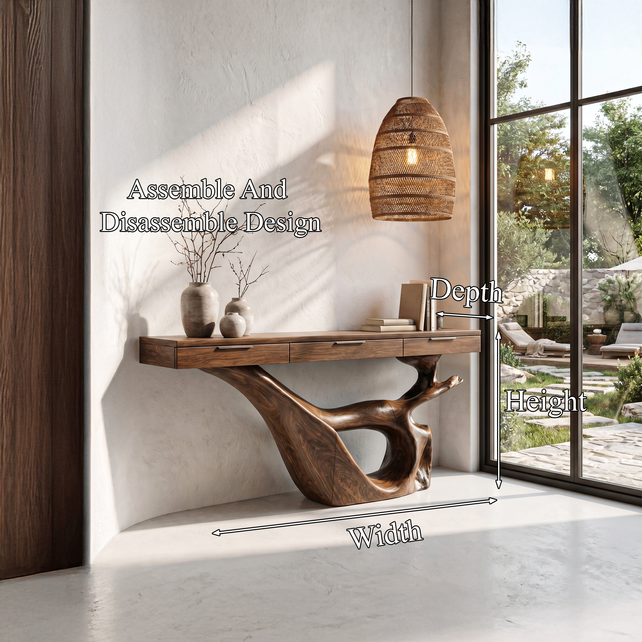 Minimal Console Table With Sculptural Curved Loop Wood Base And Solid Wood Top For Entryway And Living Room SINLHACS592