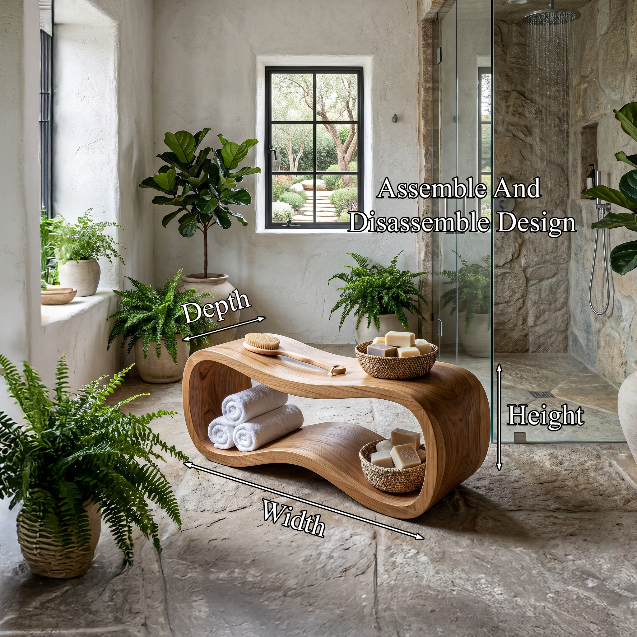 Sculptural Wooden Shower Bench For Bathroom SINLHARS124