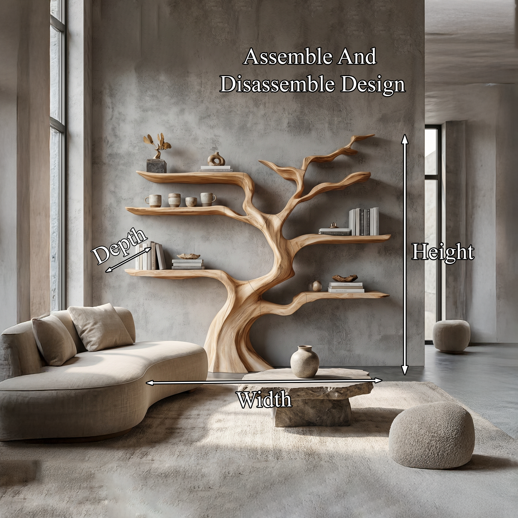 Nature Inspired Tree Bookshelf With Floating Wooden Shelves For Living Room Decor SINLHATB753