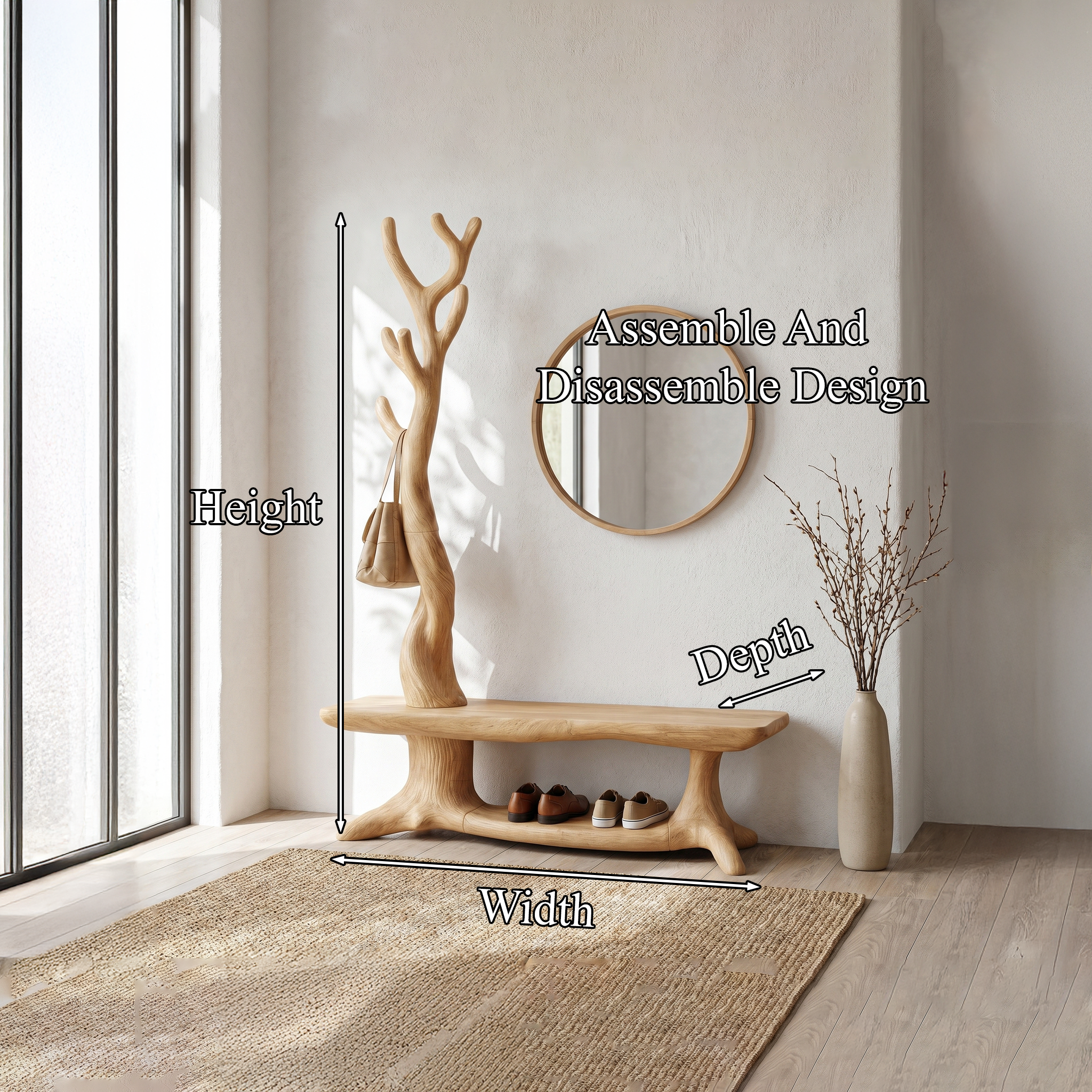 Rustic Shoe Storage Bench With Branch Coat Rack For Entryway SINLHASB091