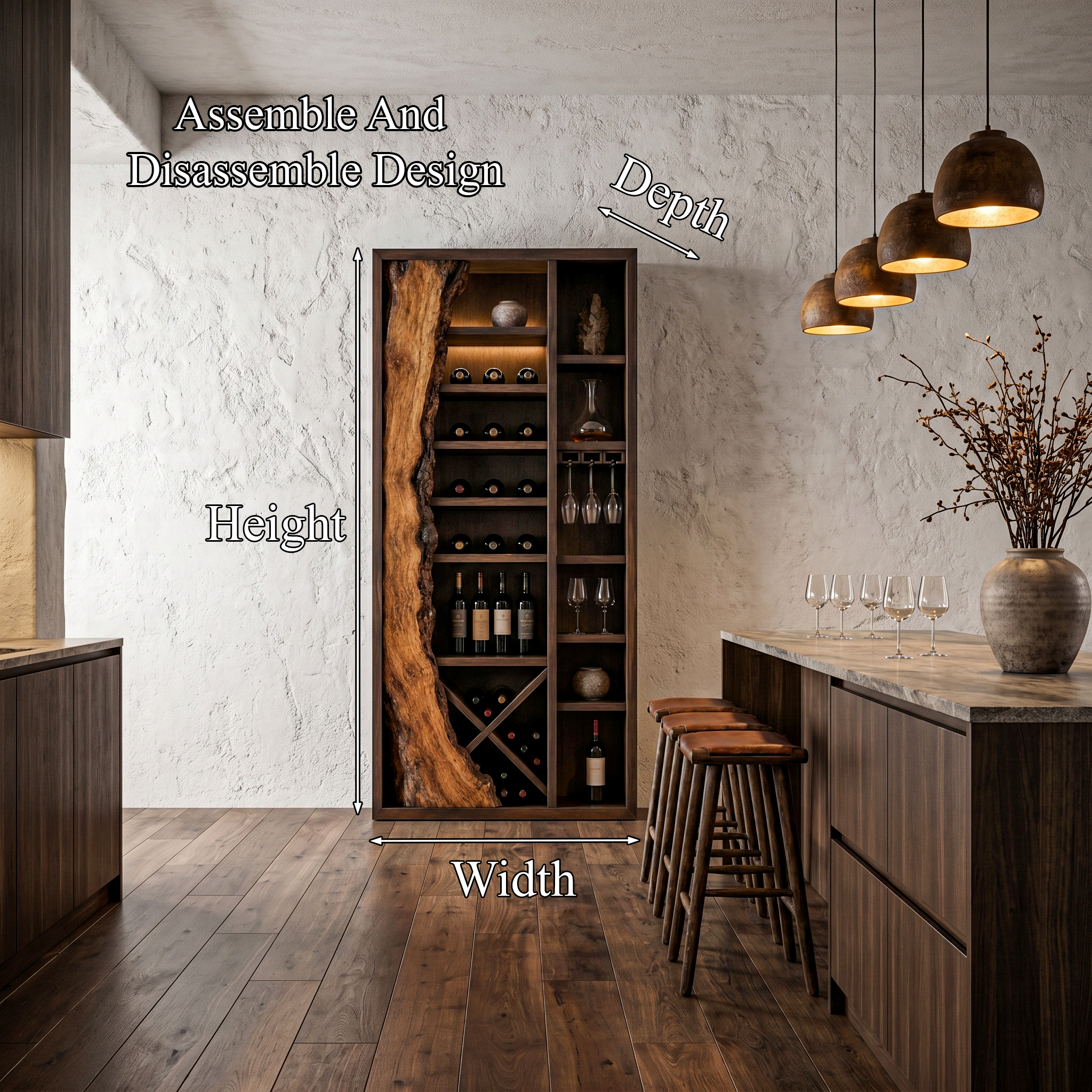 Rustic Wine Cabinet With Live Edge Wood Inlay And Built In Bottle Storage For Dining Room SINLHAWR033