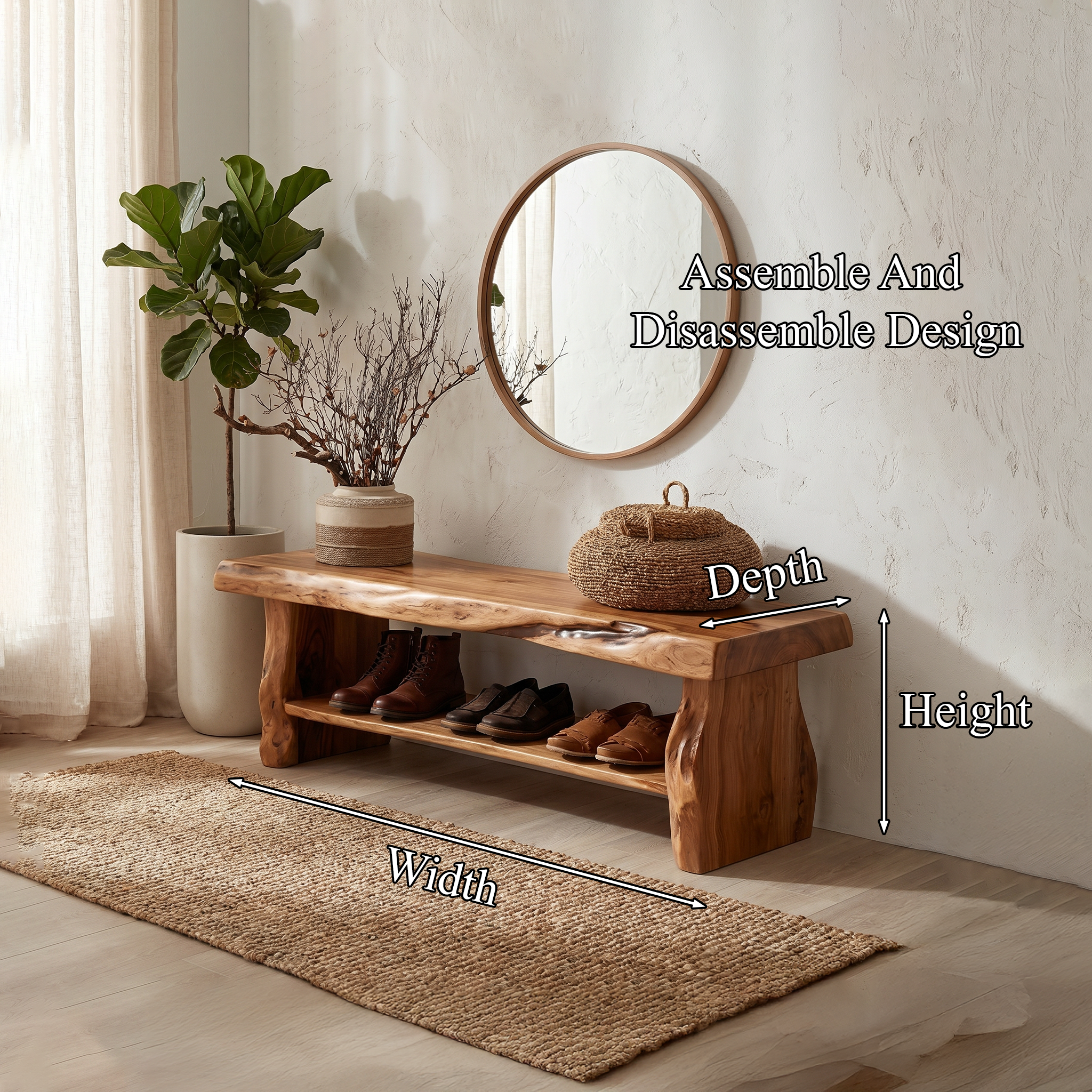 Rustic Shoe Bench Natural Wood Storage For Entryway SINLHASB096